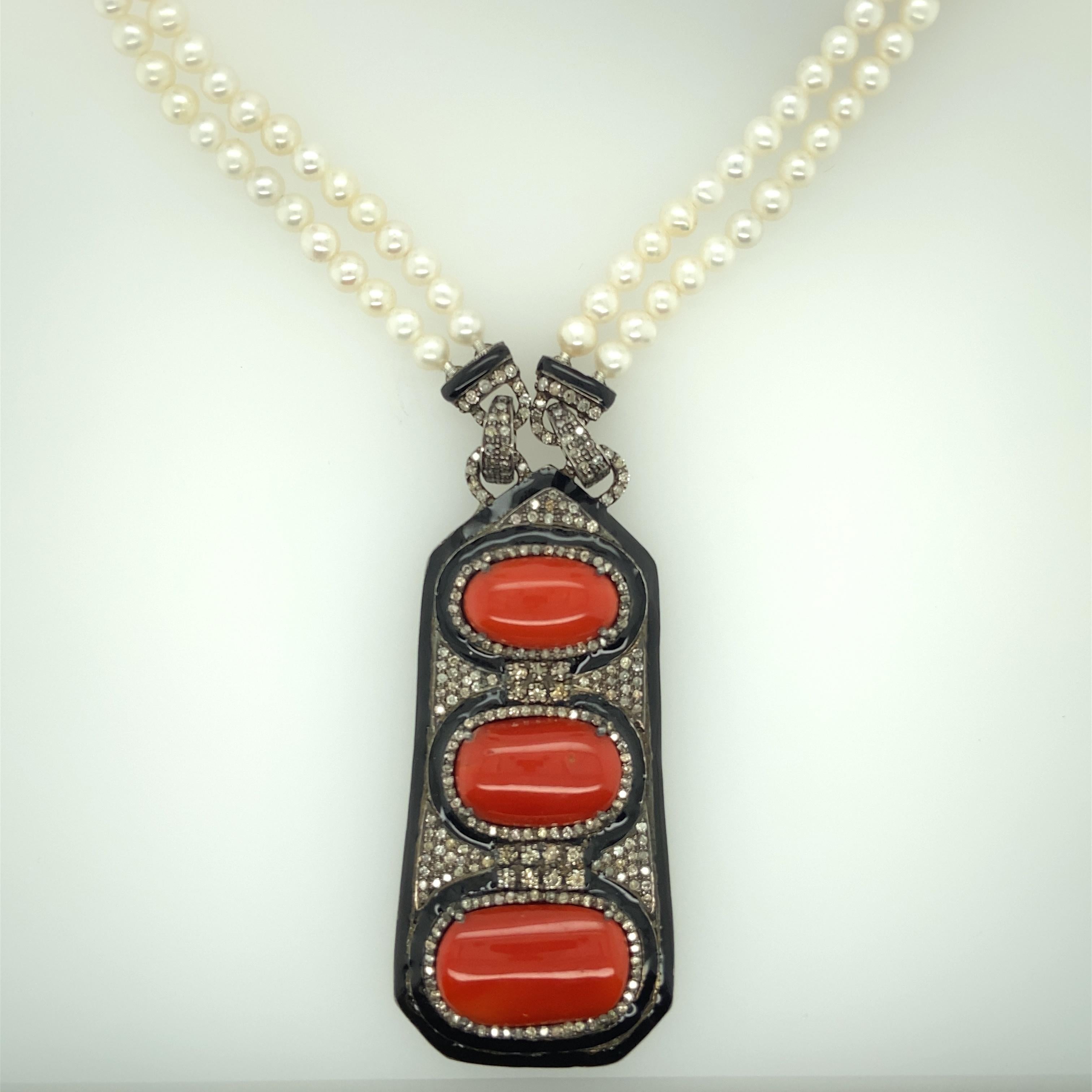 Round Cut SS/14 Karat Gold Oxblood Coral, Diamond and Freshwater Pear Necklace