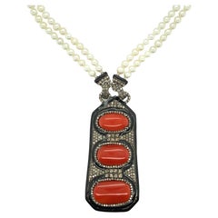 SS/14 Karat Gold Oxblood Coral, Diamond and Freshwater Pear Necklace