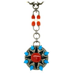 SS/ 14 Karat Gold Oxblood Coral, Turquoise, Freshwater Pear and Diamond Necklace