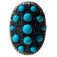 SS/14 Karat Gold Turquoise, Sapphire and Diamond Ring
