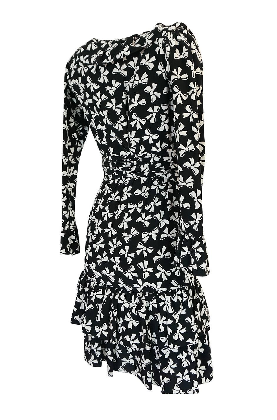 That wonderful bow print on this piece was featured in an editorial for Vogue in 1987 and worn by Linda Evangelista. This dress is from that same collection with the added bonus of having that adorable print cover the entire surface. The dress is