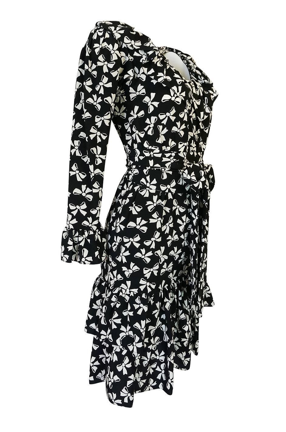 Black S/S 1987 Yves Saint Laurent Bow Print Silk Ruffle Dress