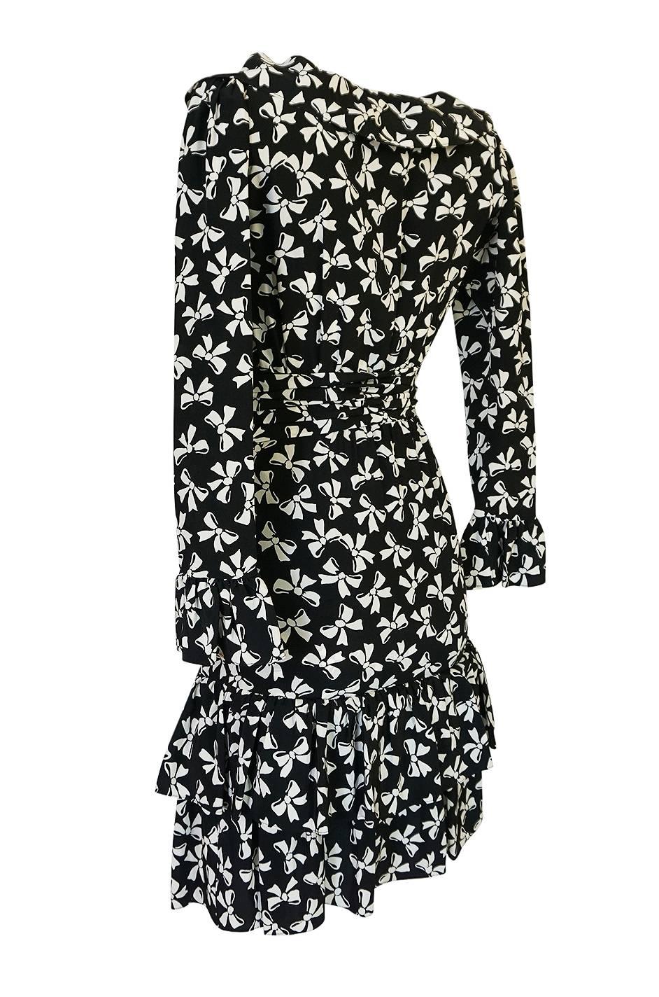 Women's S/S 1987 Yves Saint Laurent Bow Print Silk Ruffle Dress