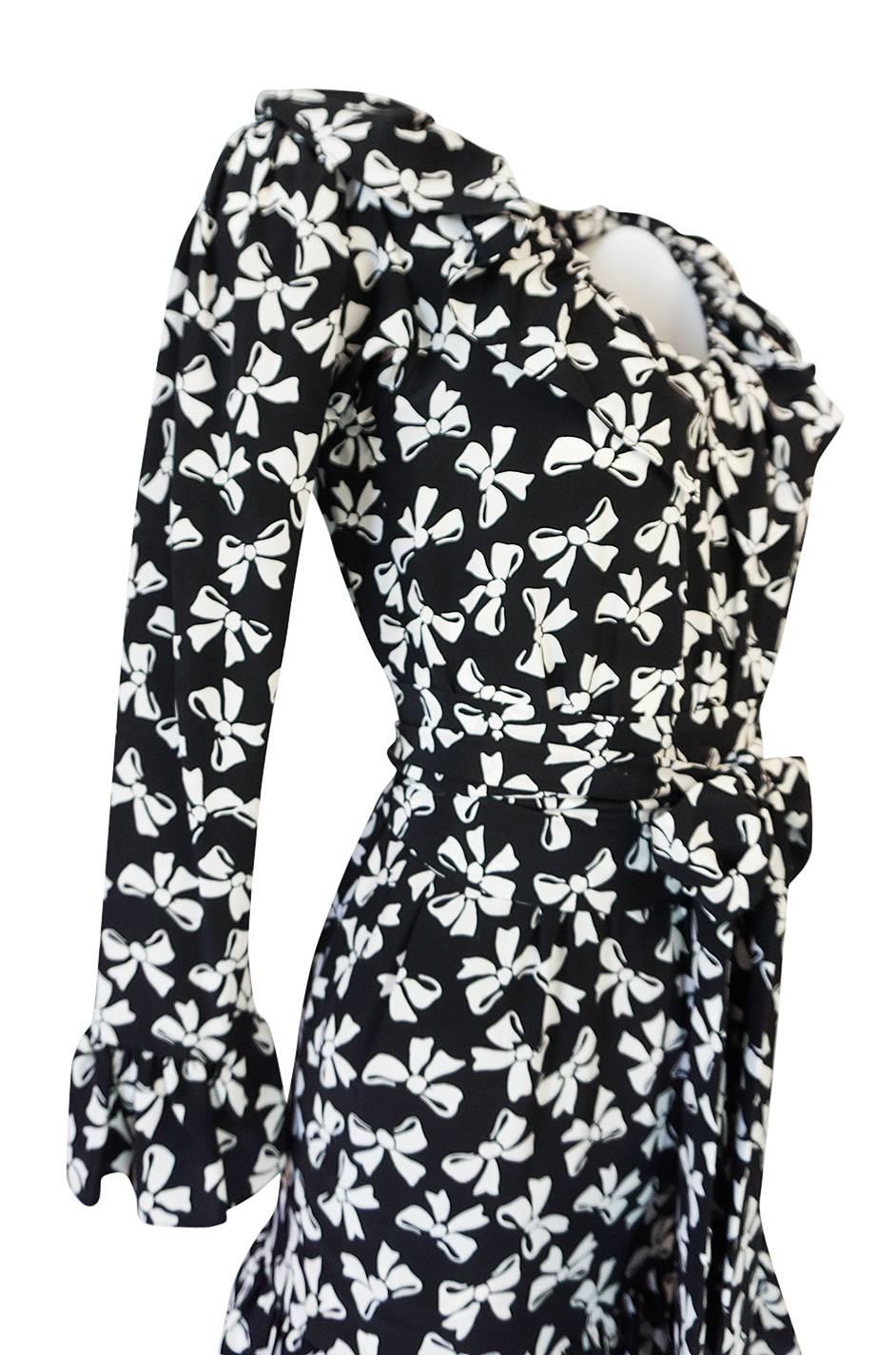 S/S 1987 Yves Saint Laurent Bow Print Silk Ruffle Dress 2