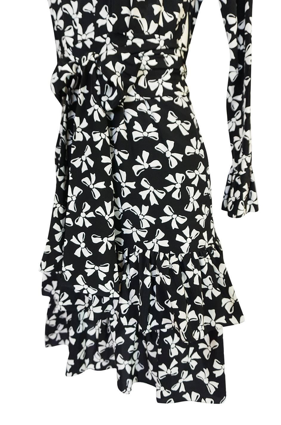 S/S 1987 Yves Saint Laurent Bow Print Silk Ruffle Dress 3