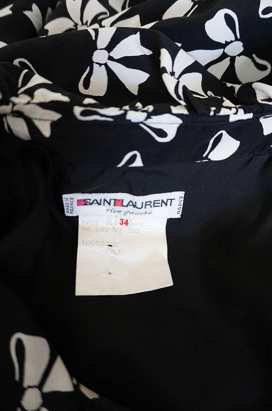 S/S 1987 Yves Saint Laurent Bow Print Silk Ruffle Dress 4