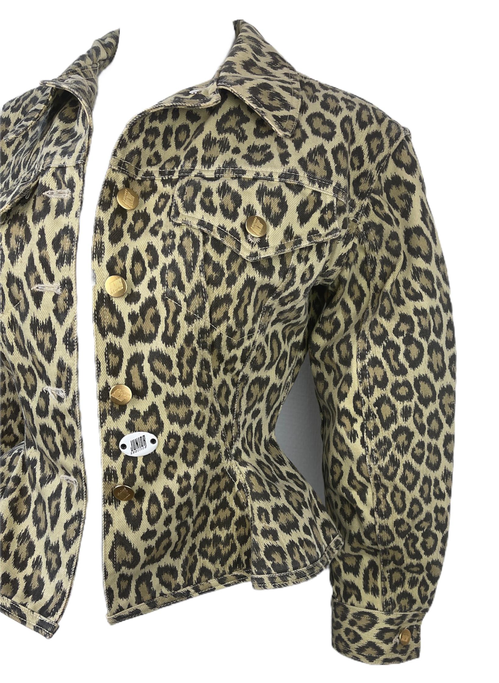 Gray 90's Junior Gaultier Leopard Denim Jacket 