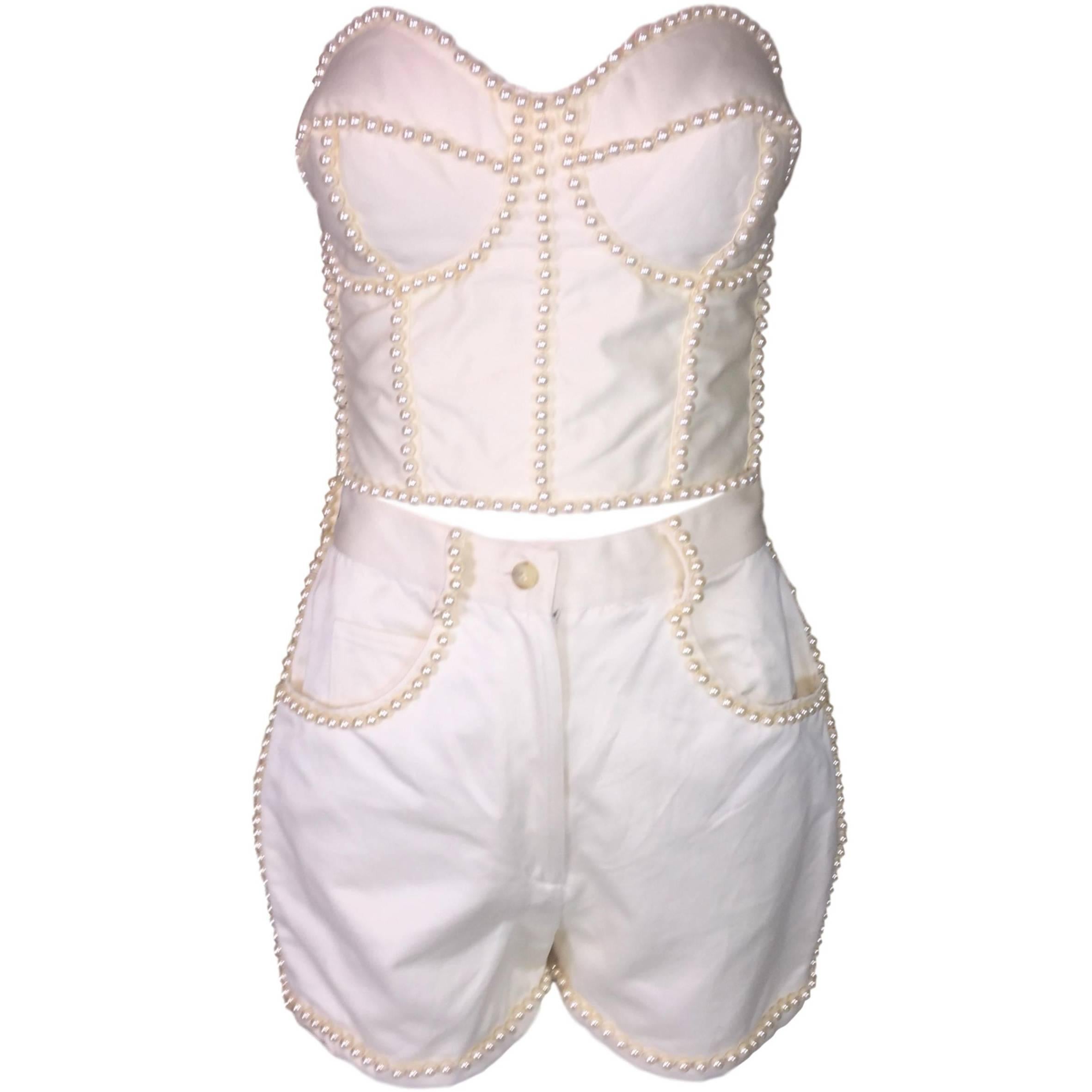 S/S 1992 Dolce & Gabbana Ivory Pearl Embellished Pin-Up Bustier High Waist Short
