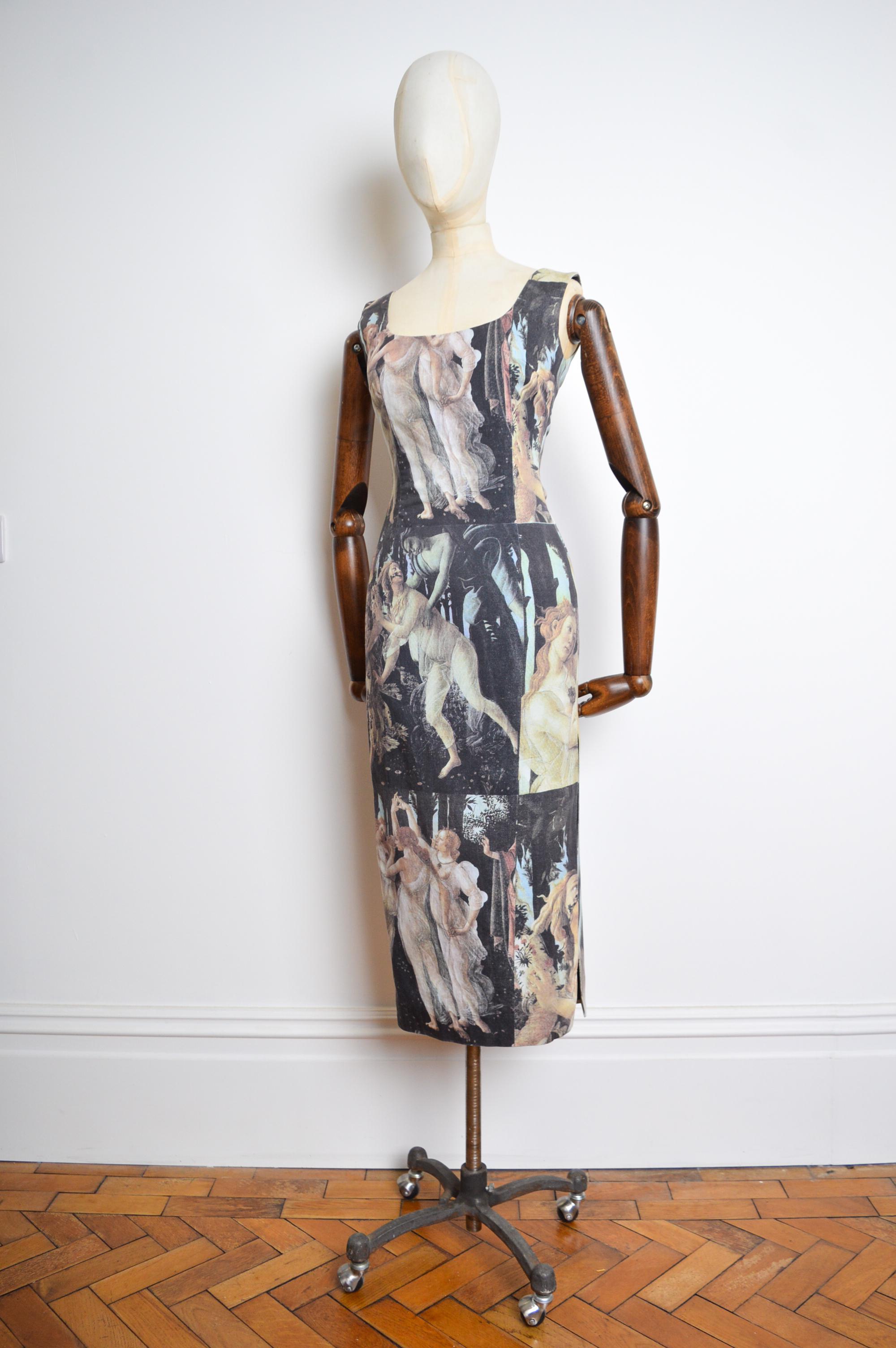 Spring / Summer 1993 DOLCE & GABBANA Cocktail dress, adorned in the Art work of Botticelli's 'Primavera'.

Runway Looks 27 & 28.

MADE IN ITALY.

100% Cotton / Concealed zip up back.

Recommended Size UK 8-10. 

Measurements are given in Inches