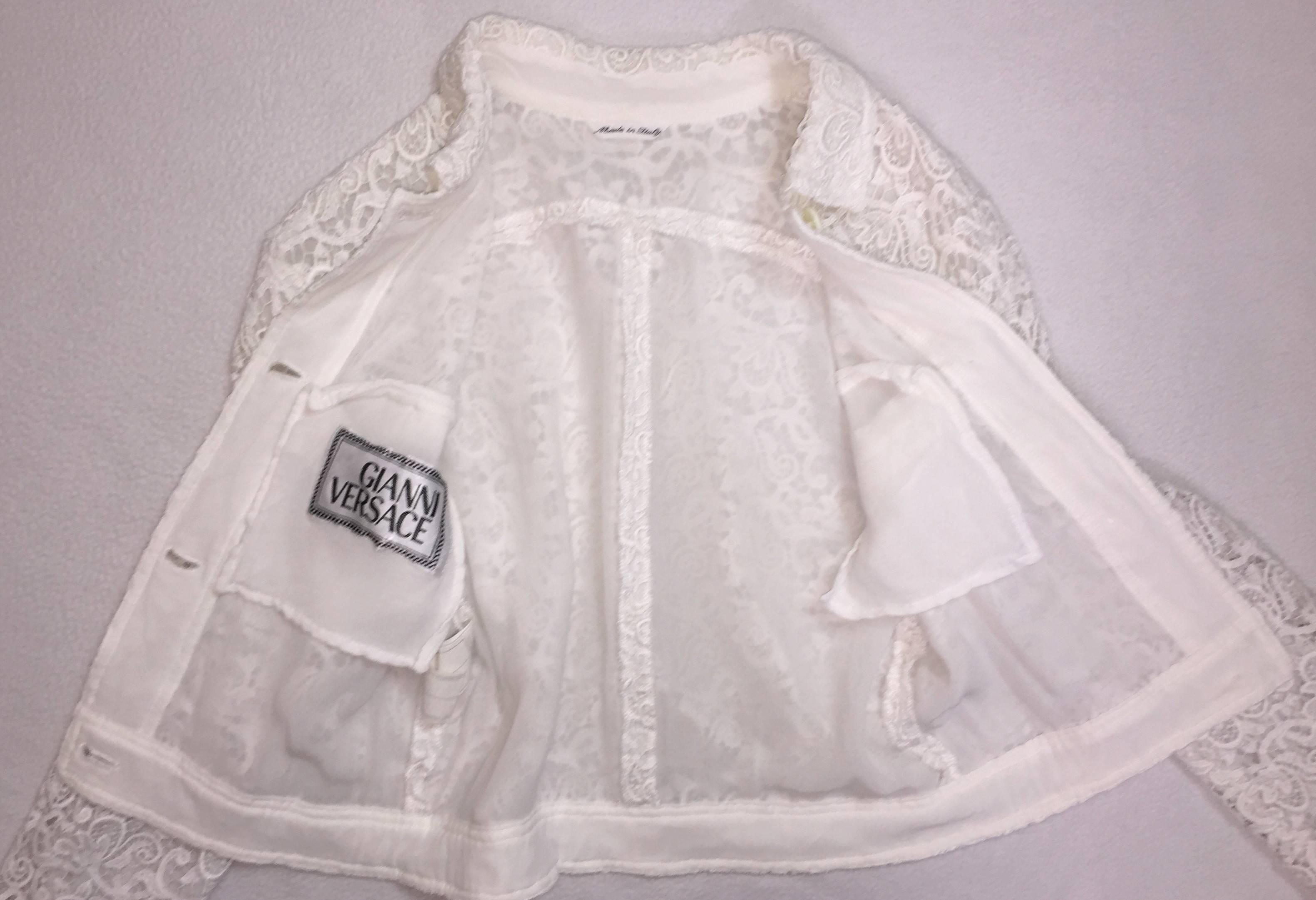 Gray S/S 1994 Gianni Versace Sheer White Lace Cropped Short Jacket 38
