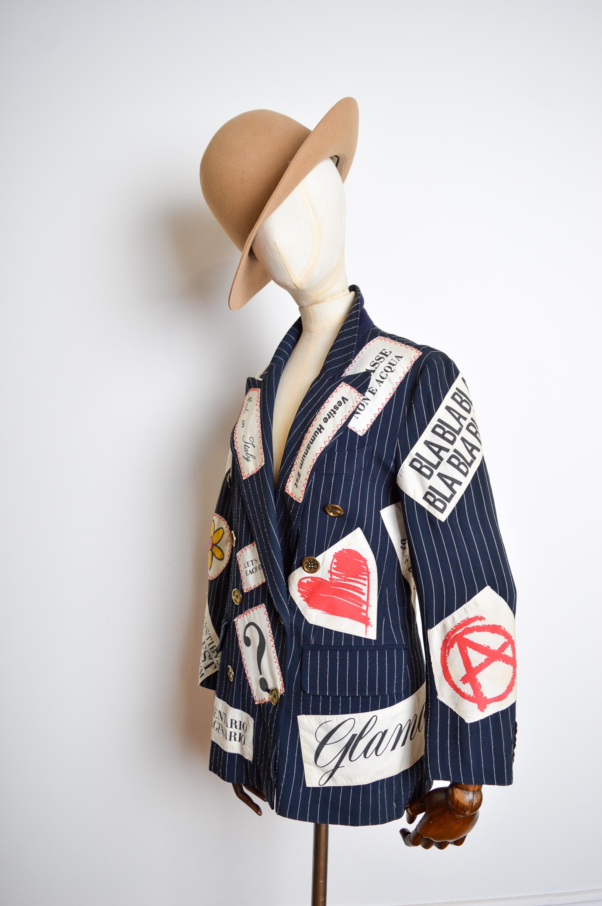 SS 1994 Vintage Moschino Pinstriped Patchwork Run Way Blazer Jacket For Sale 7