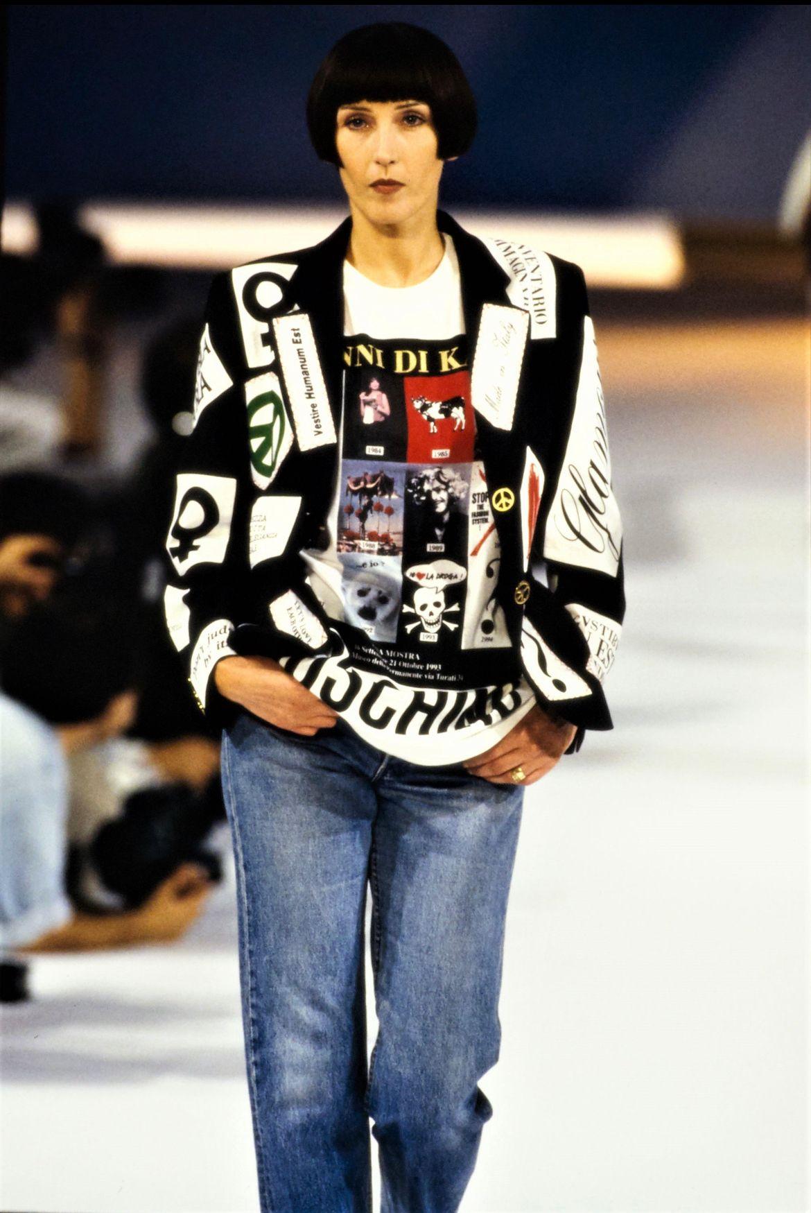 SS 1994 Vintage Moschino Pinstriped Patchwork Run Way Blazer Jacket For Sale 12