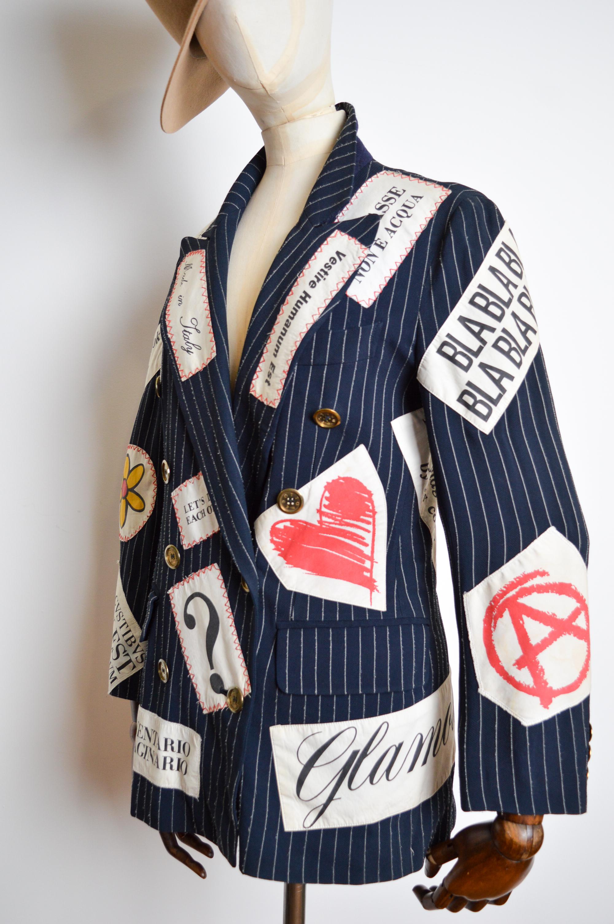 SS 1994 Vintage Moschino Pinstriped Patchwork Run Way Blazer Jacket In Fair Condition For Sale In Sheffield, GB