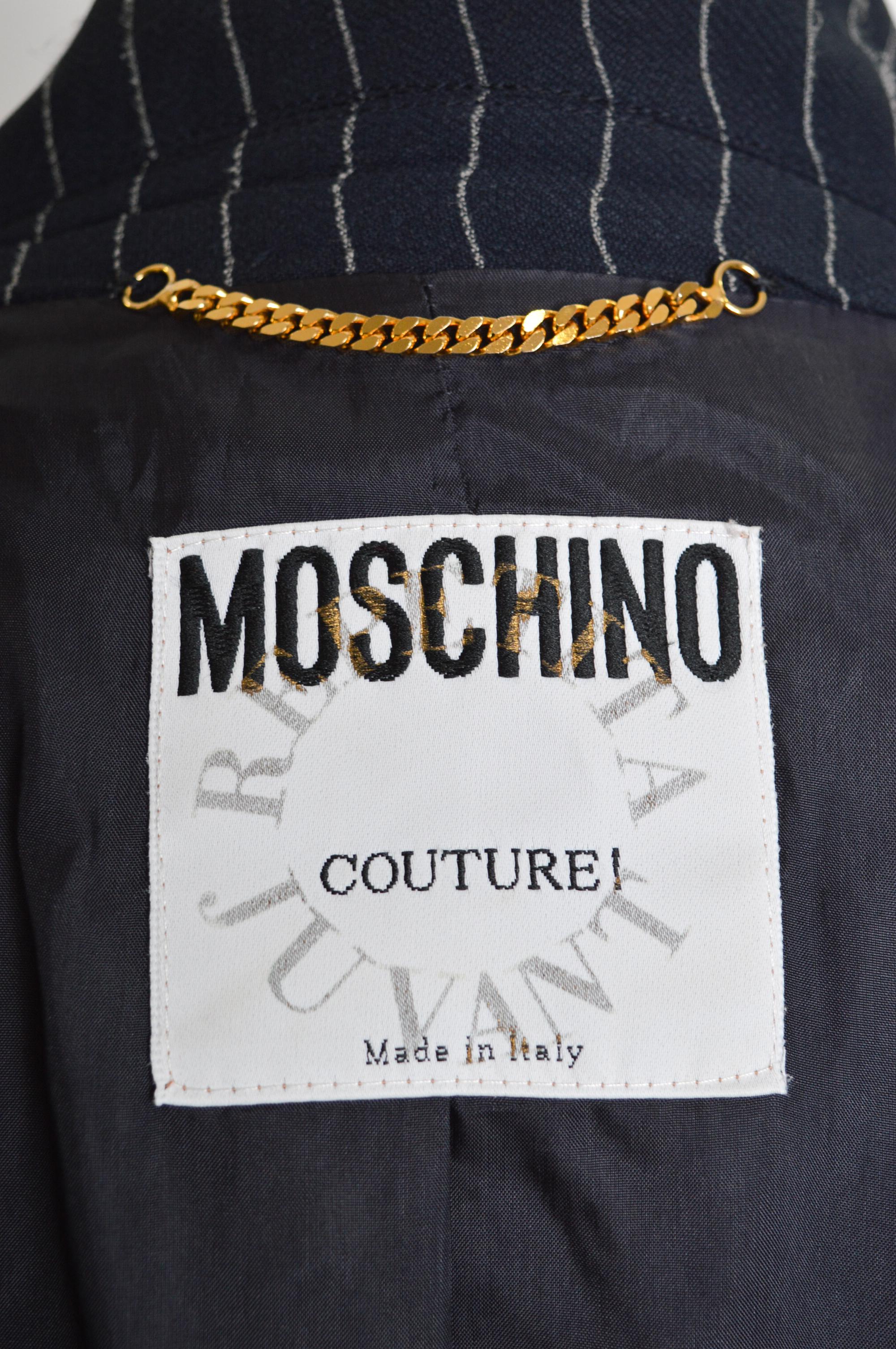 Women's or Men's SS 1994 Vintage Moschino Pinstriped Patchwork Run Way Blazer Jacket For Sale