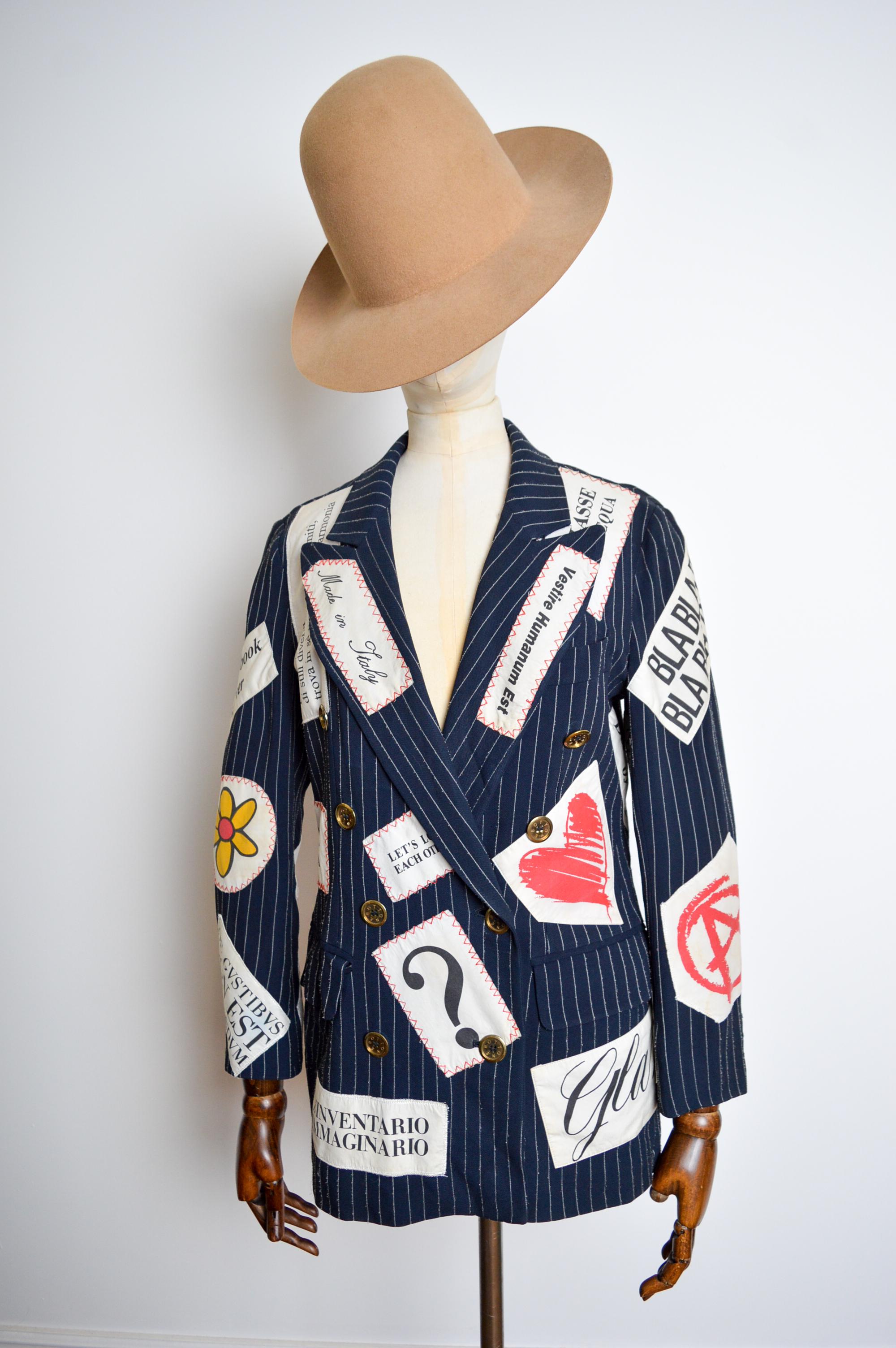 Veste blazer vintage Moschino à rayures et patchwork, défilé printemps-été 1994 en vente 2