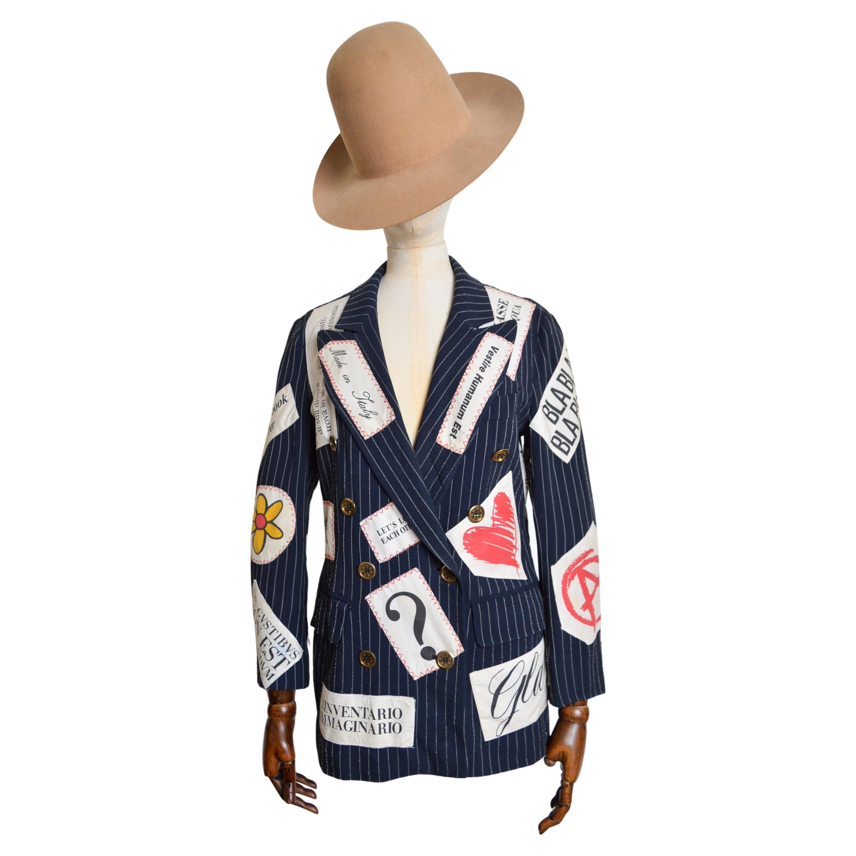 Veste blazer vintage Moschino à rayures et patchwork, défilé printemps-été 1994 en vente