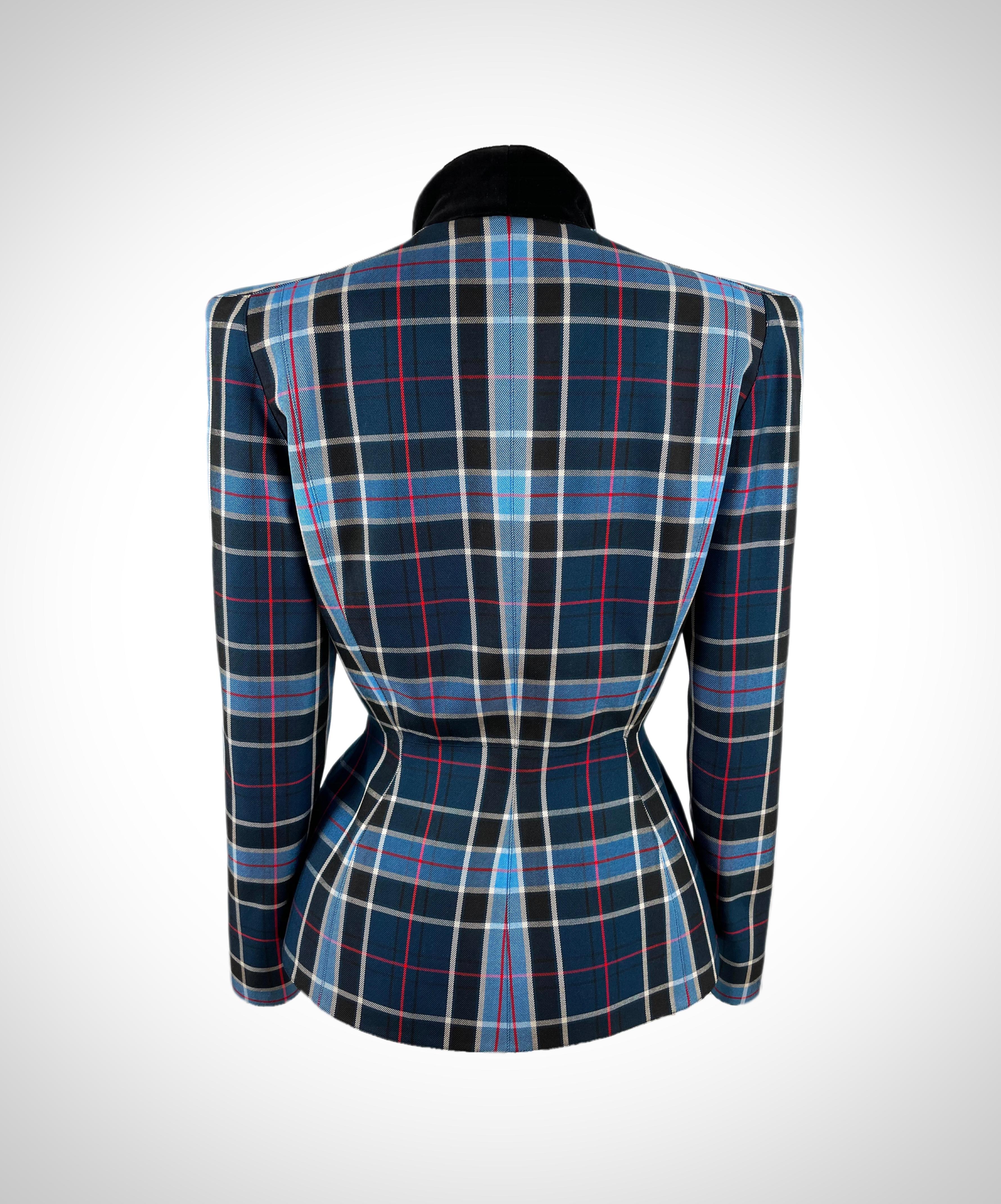 Spring Summer 1998 Thierry Mugler Blue Checkered Jacket With Dramatic Black Velvet Details. 
Body-sculpturing design with wide shoulders, slim waist and voluminous hips. Three black velvet snap buttons at the front fastening. 
The jacket was a press