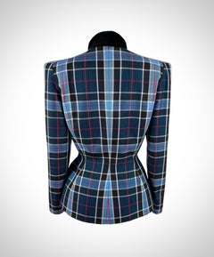 SS 1998 Thierry Mugler Blue Checkered Jacket With Velvet Details