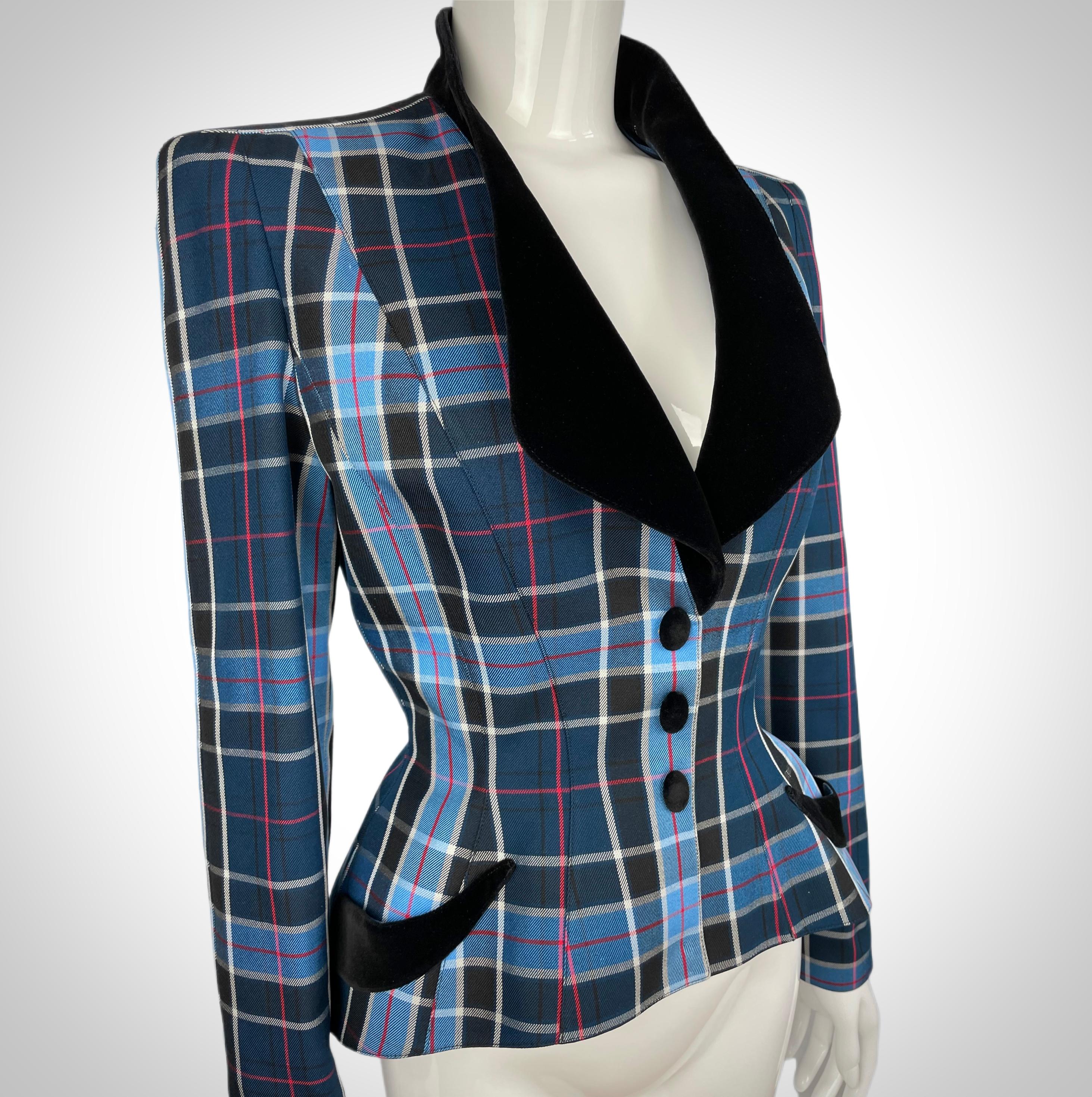 Black SS 1998 Thierry Mugler Blue Checkered Jacket With Velvet Details For Sale
