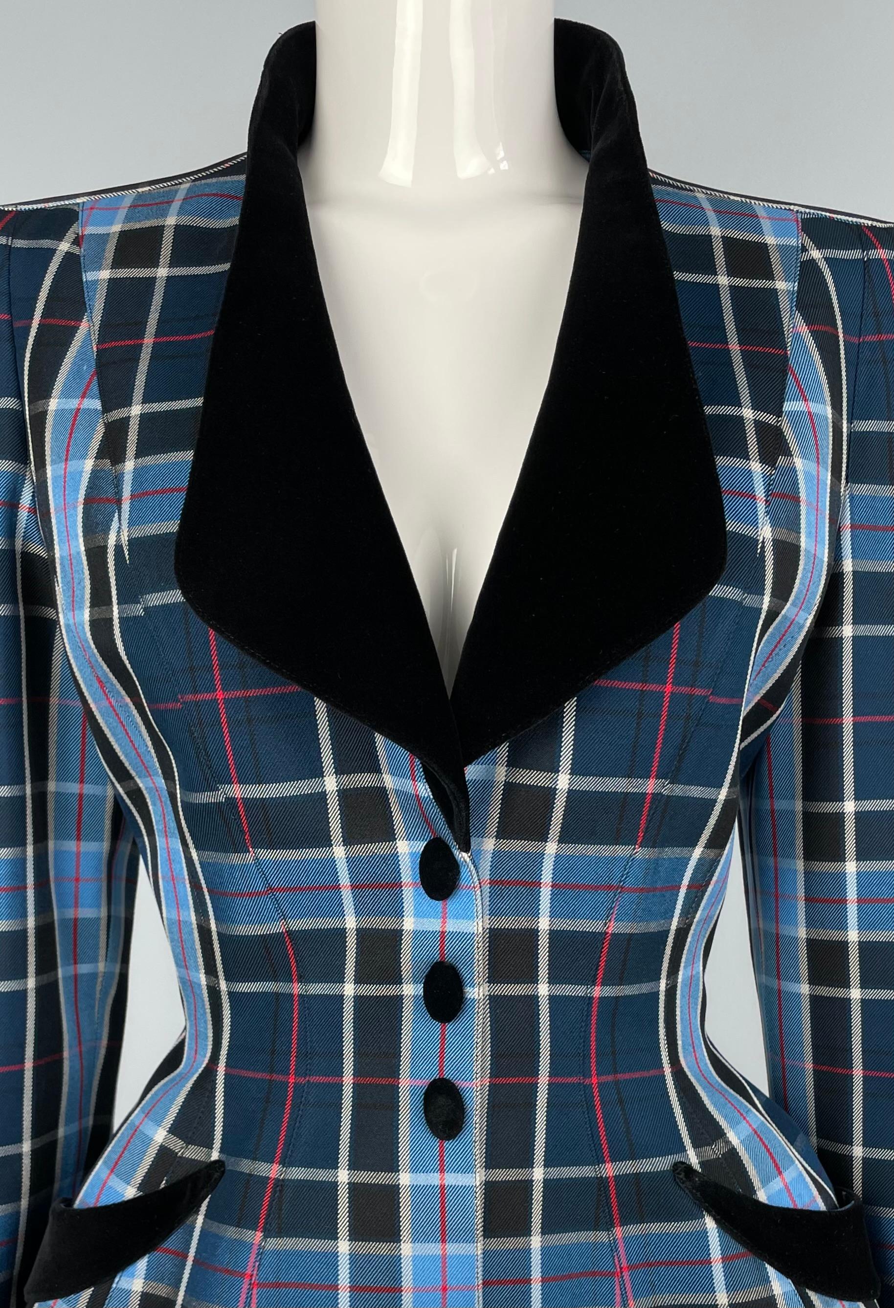 SS 1998 Thierry Mugler Blue Checkered Jacket With Velvet Details In Excellent Condition For Sale In Praha 4, Hlavní město Praha