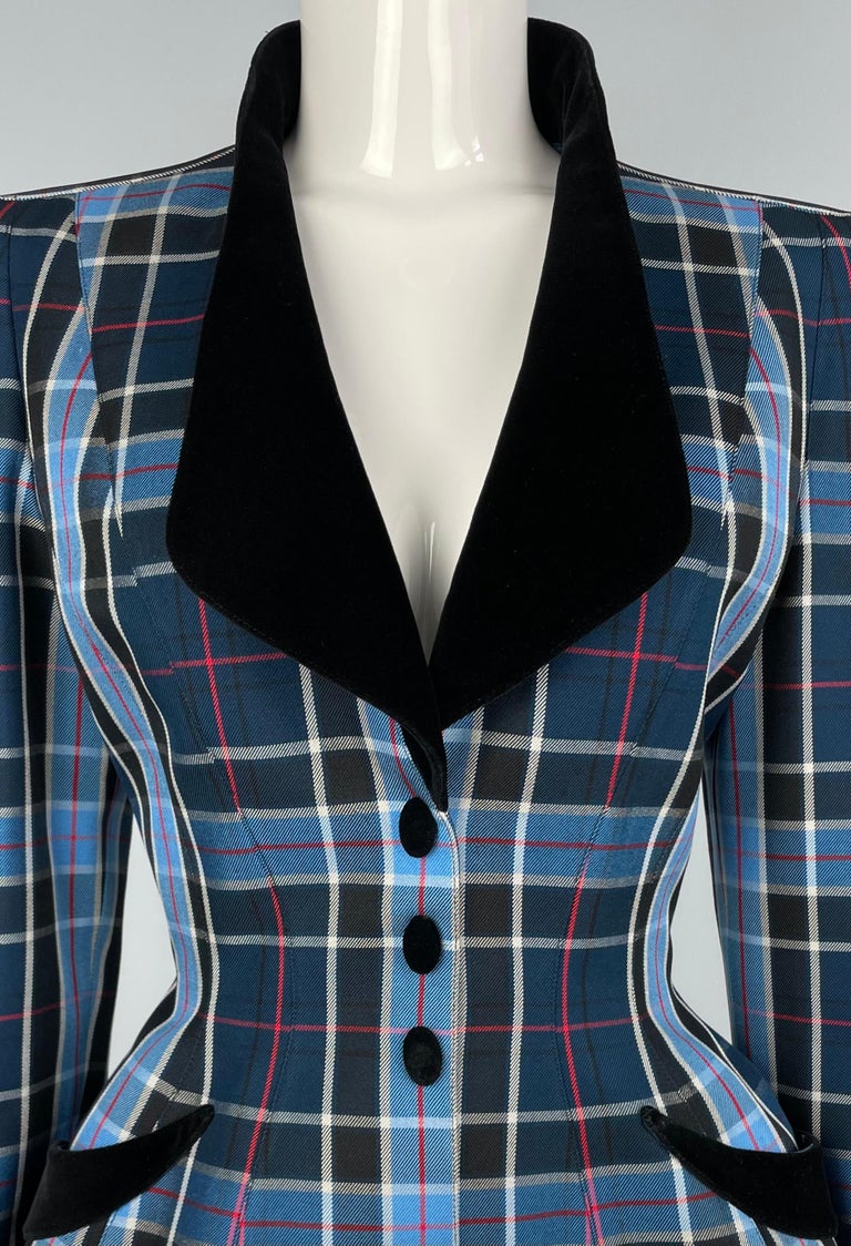 SS 1998 Thierry Mugler Blue Checkered Jacket With Velvet Details