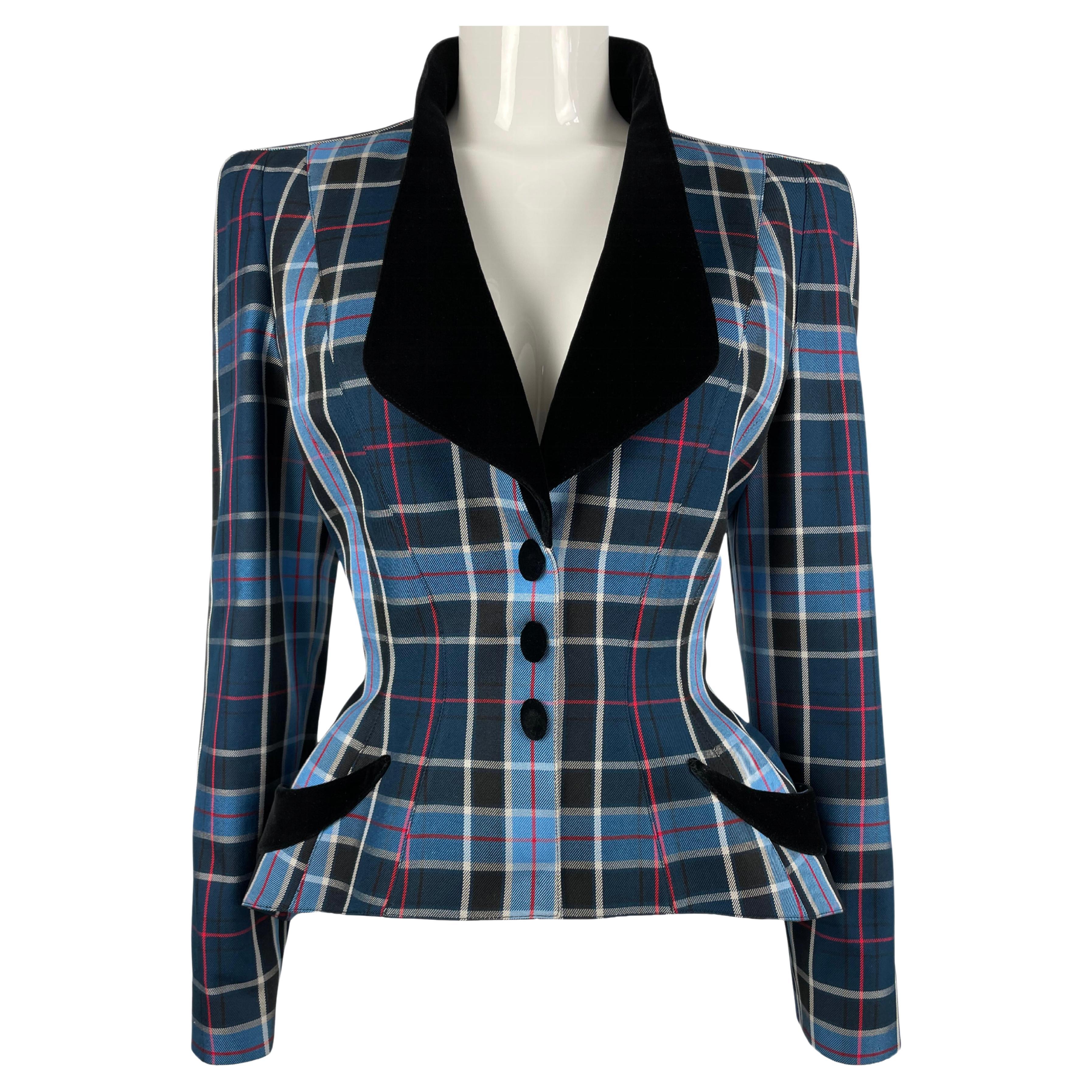 SS 1998 Thierry Mugler Blue Checkered Jacket With Velvet Details For Sale