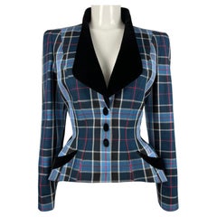 SS 1998 Thierry Mugler Blue Checkered Jacket With Velvet Details