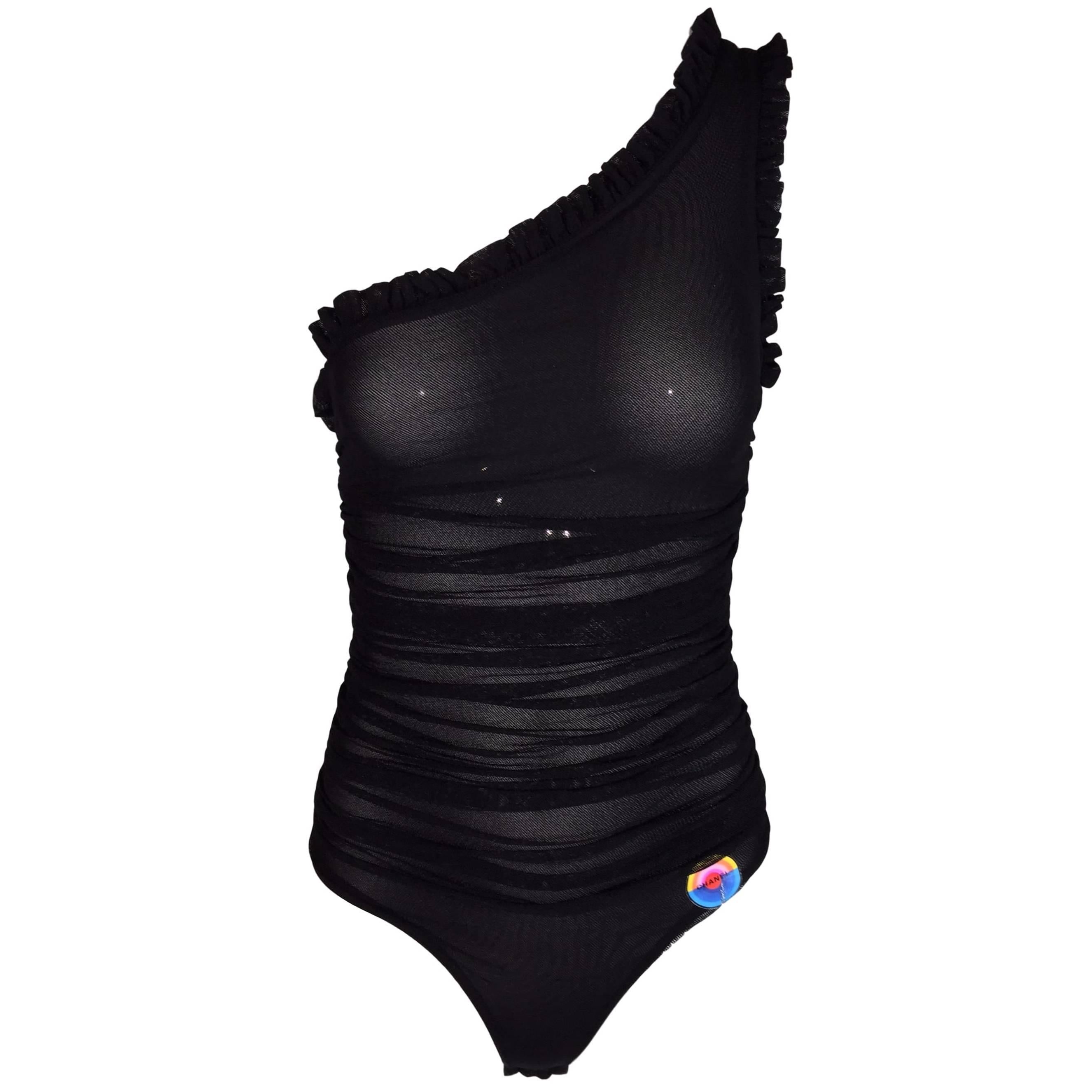 S/S 2001 Chanel Sheer Black Mesh One Shoulder Ruffle Swimsuit Bodysuit Top