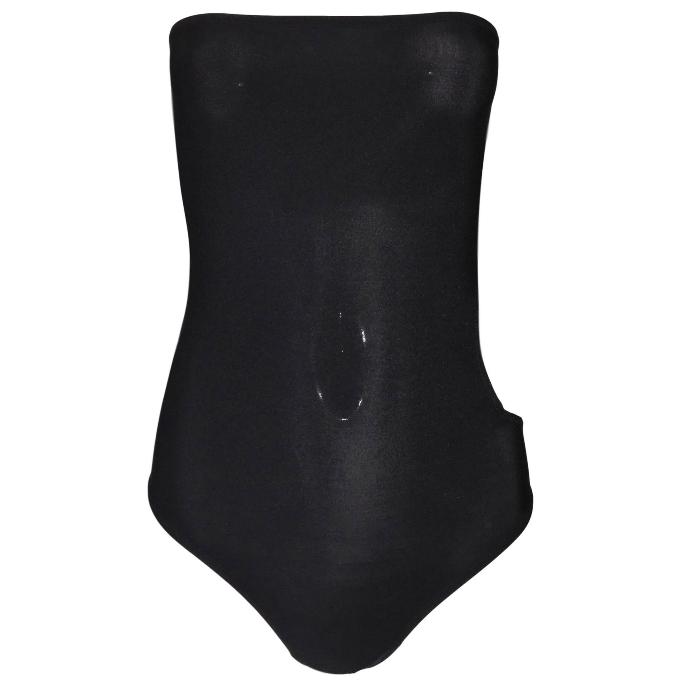 S/S 2001 Gianni Versace Sheer Black Strapless Cut-Out Bodysuit Swimsuit