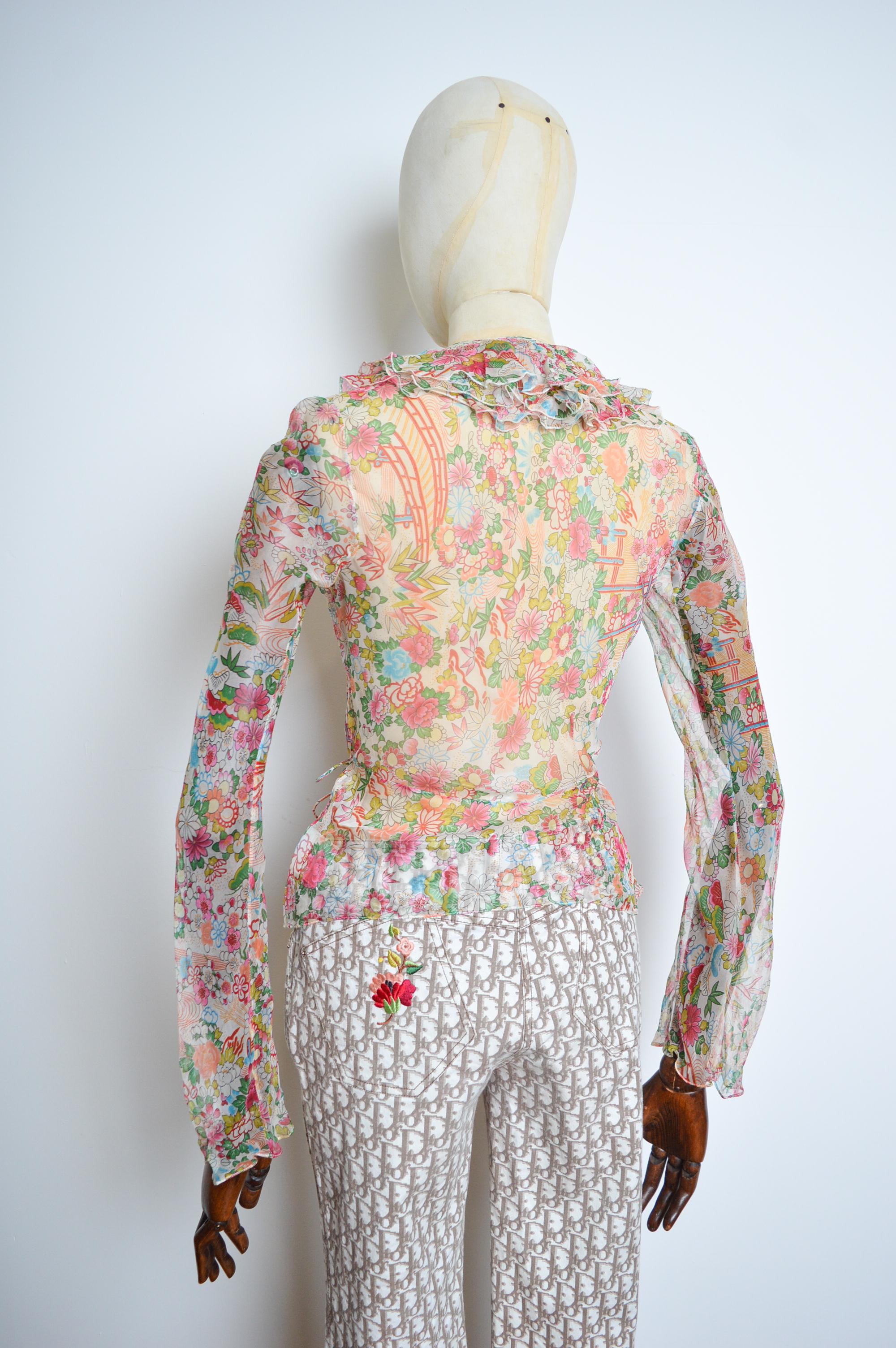 SS 2002 Galliano Christian Dior Chiffon Cherry Blossom sheer Silk Ruffle Blouse 11