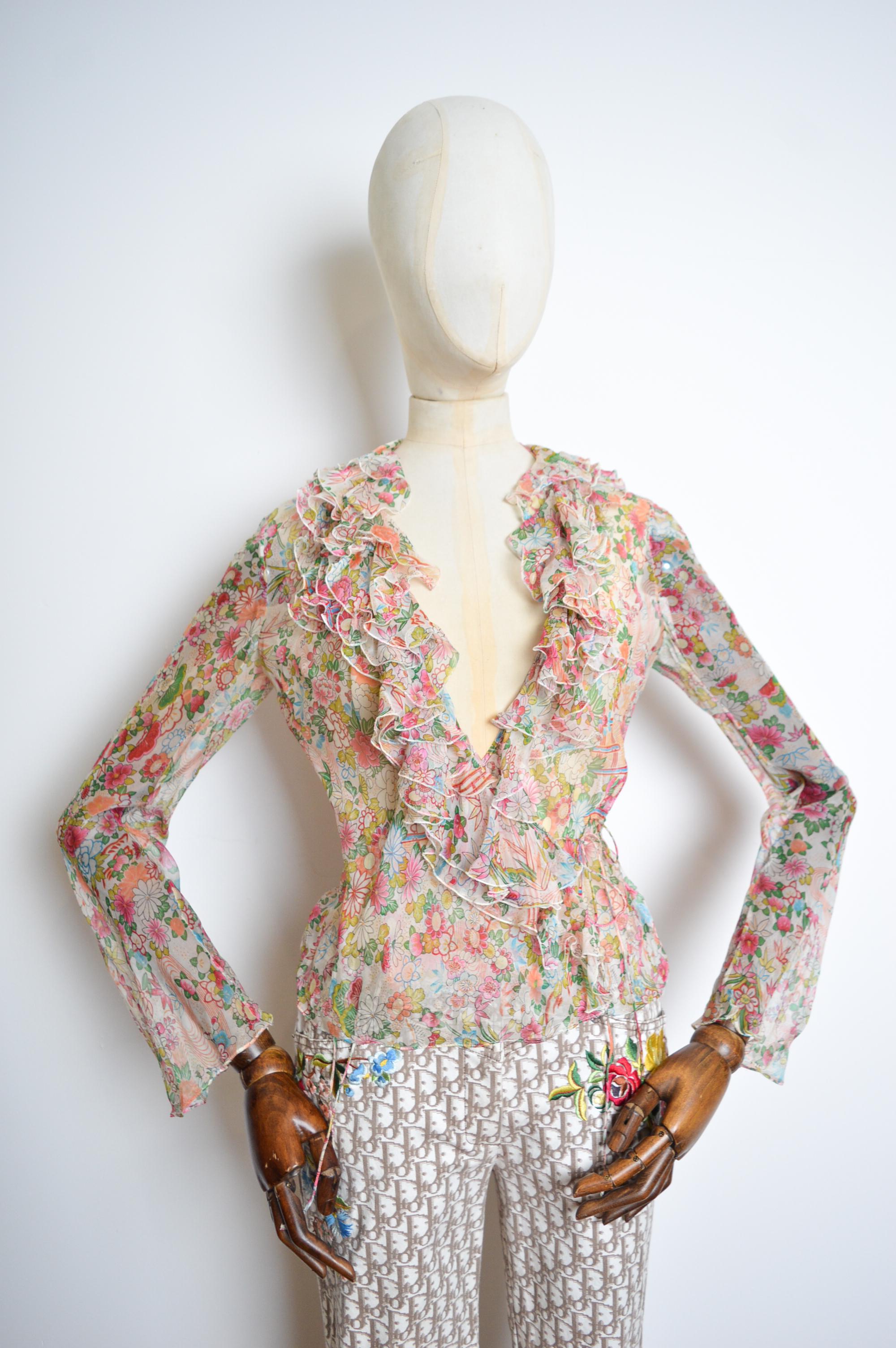 SS 2002 Galliano Christian Dior Chiffon Cherry Blossom sheer Silk Ruffle Blouse 2