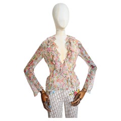 SS 2002 Galliano Christian Dior Chiffon Cherry Blossom sheer Silk Ruffle Blouse