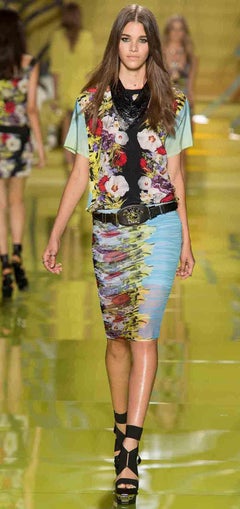 SS 2014 l# 28 VERSACE FLORAL SEIDE PRINTED STRETCH MESH SKIRT DRESS-Y SUIT 38