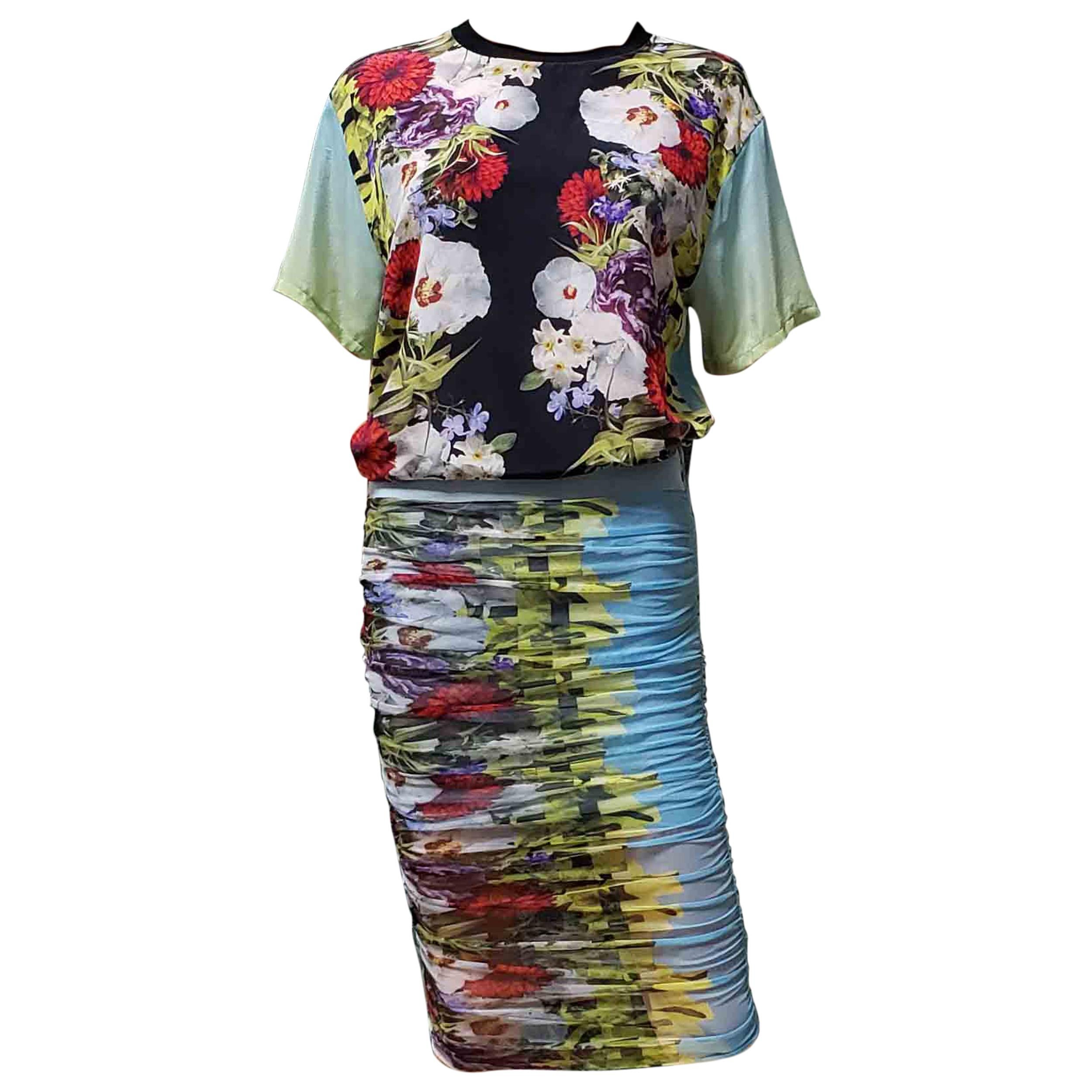 SS 2014 l# 28 VERSACE FLORAL SILK PRINTED STRETCH MESH SKIRT DRESS-Y SUIT 38 For Sale