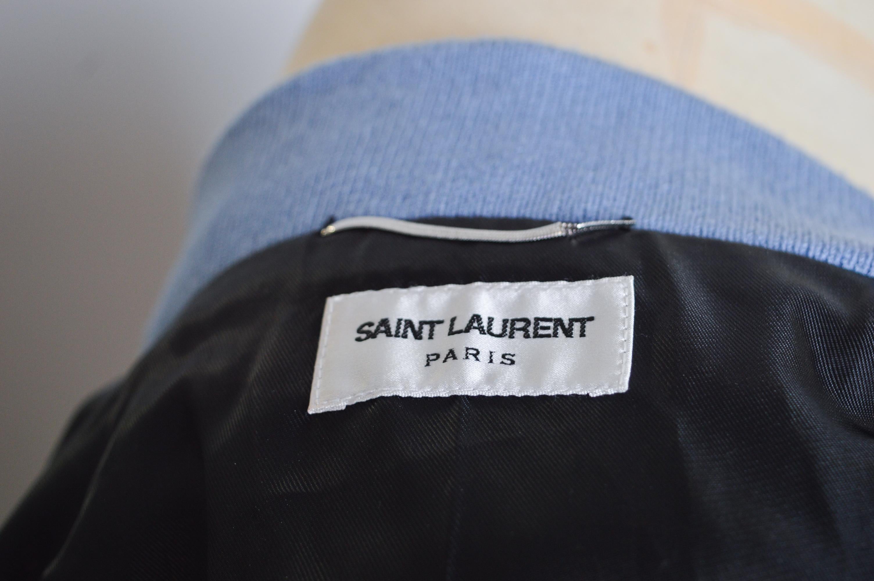 SS 2016 Saint Laurent Teddy Baby Blue Wool Varsity Bomber Jacket For Sale 8