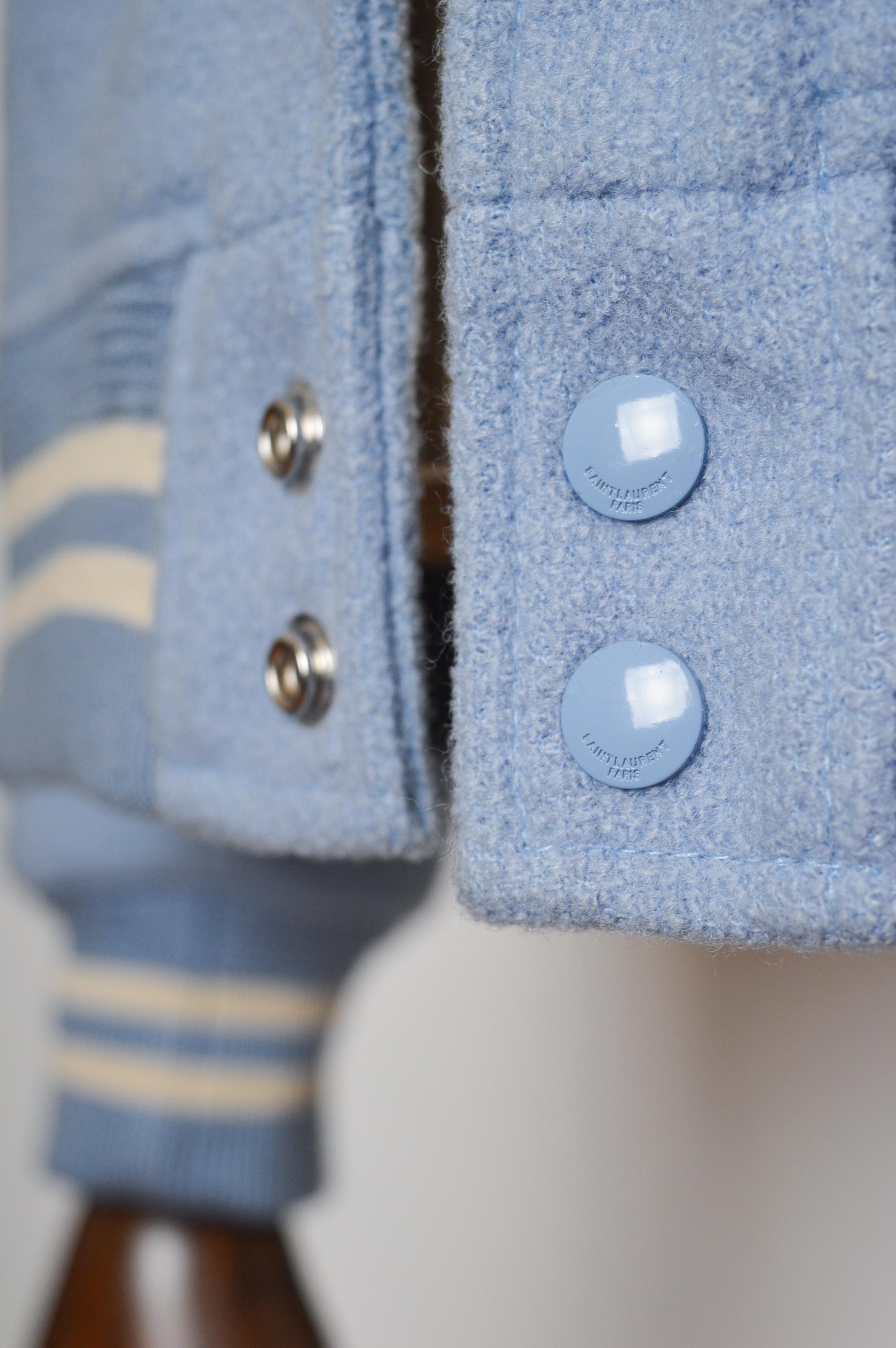 SS 2016 Saint Laurent Teddy Baby Blue Wool Varsity Bomber Jacket For Sale 9