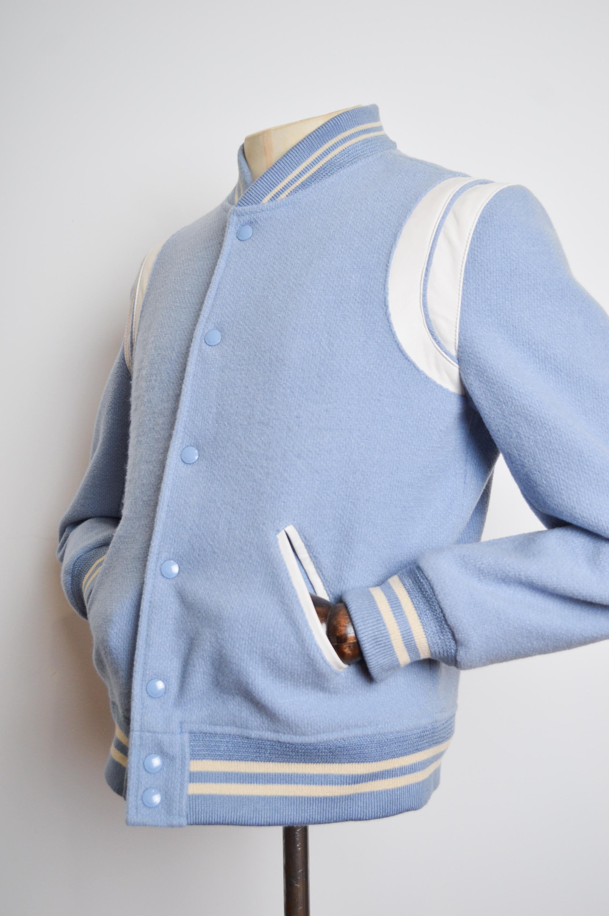 SS 2016 Saint Laurent Teddy Baby Blue Wool Varsity Bomber Jacket In Good Condition In Sheffield, GB