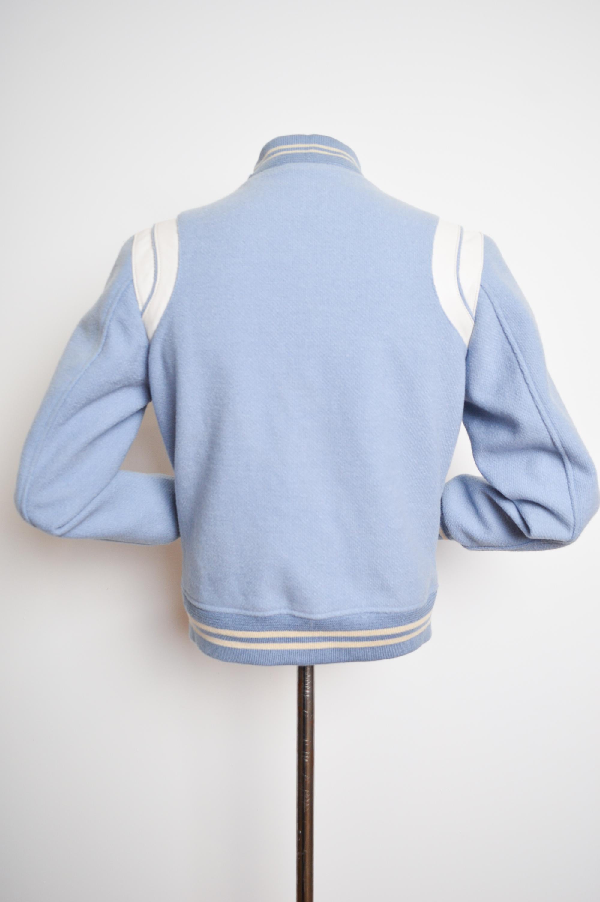 SS 2016 Saint Laurent Teddy Baby Blue Wool Varsity Bomber Jacket For Sale 2