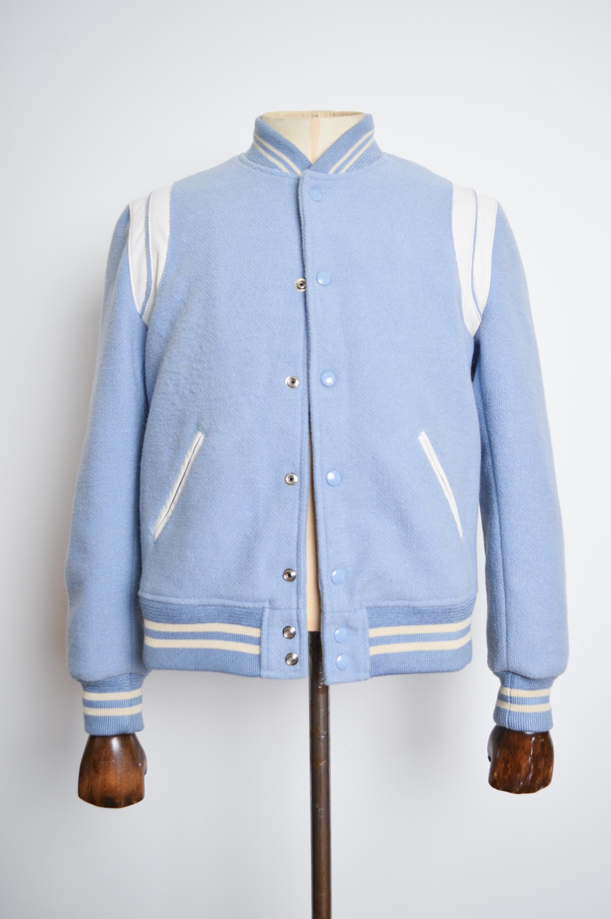 SS 2016 Saint Laurent Teddy Baby Blue Wool Varsity Bomber Jacket For Sale 4