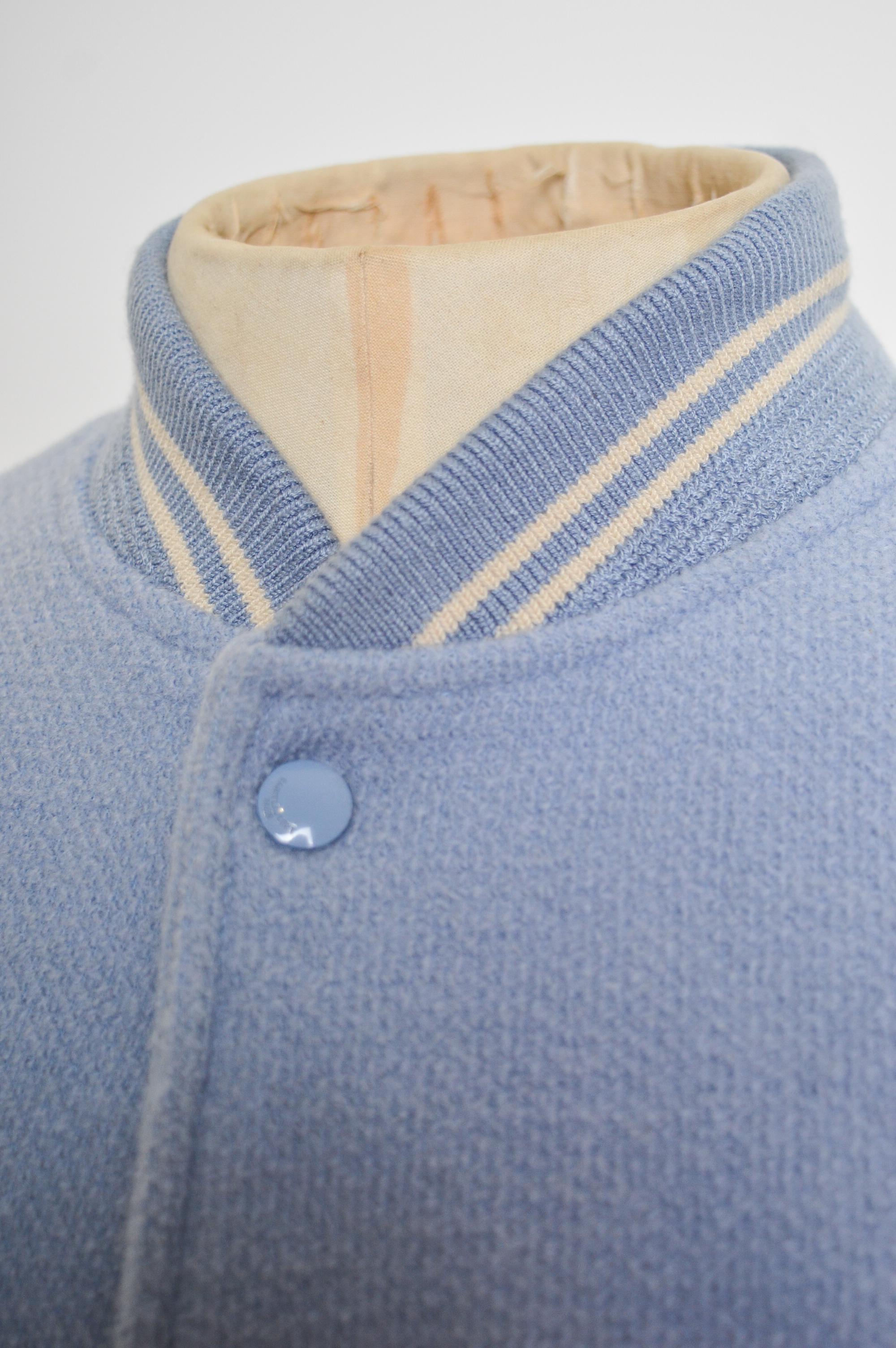 SS 2016 Saint Laurent Teddy Baby Blue Wool Varsity Bomber Jacket For Sale 5