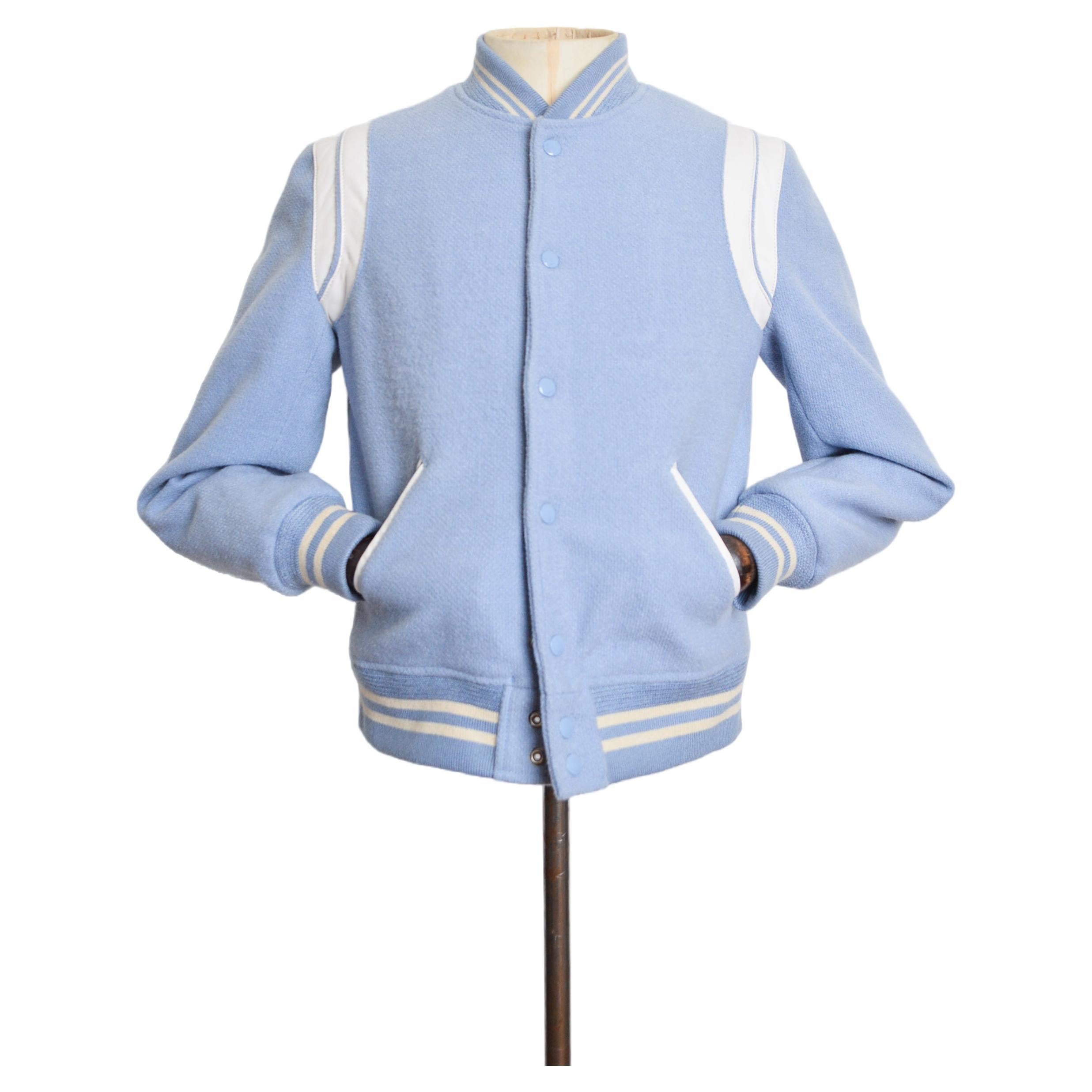 SS 2016 Saint Laurent Teddy Baby Blue Wool Varsity Bomber Jacket For Sale