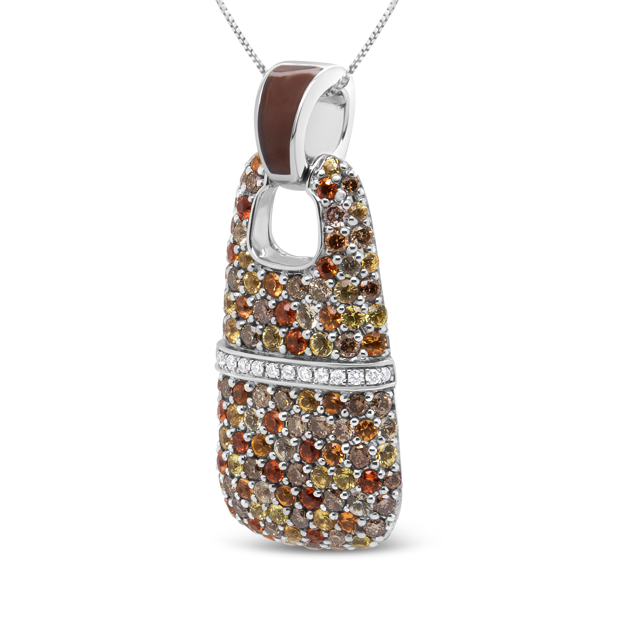 .925 Sterling Silver Brown Enamel 1 Cttw White and Brown Diamonds and  1.5mm Yellow and Orange Sapphire Gemstones Statement 18