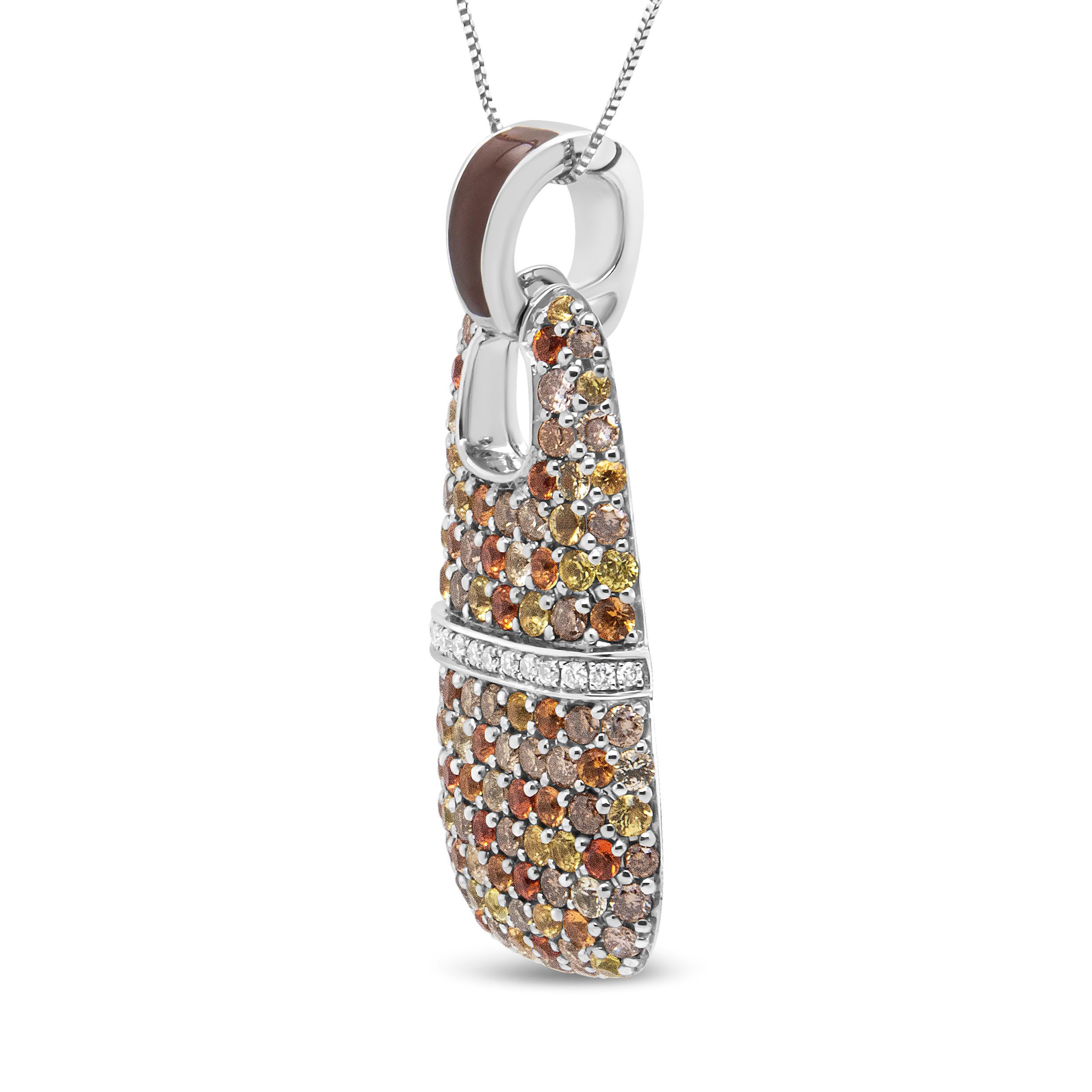 Contemporary Sterling Silver Brown Enamel 1ct White & Brown Diamonds Yellow Sapphire Pendant For Sale