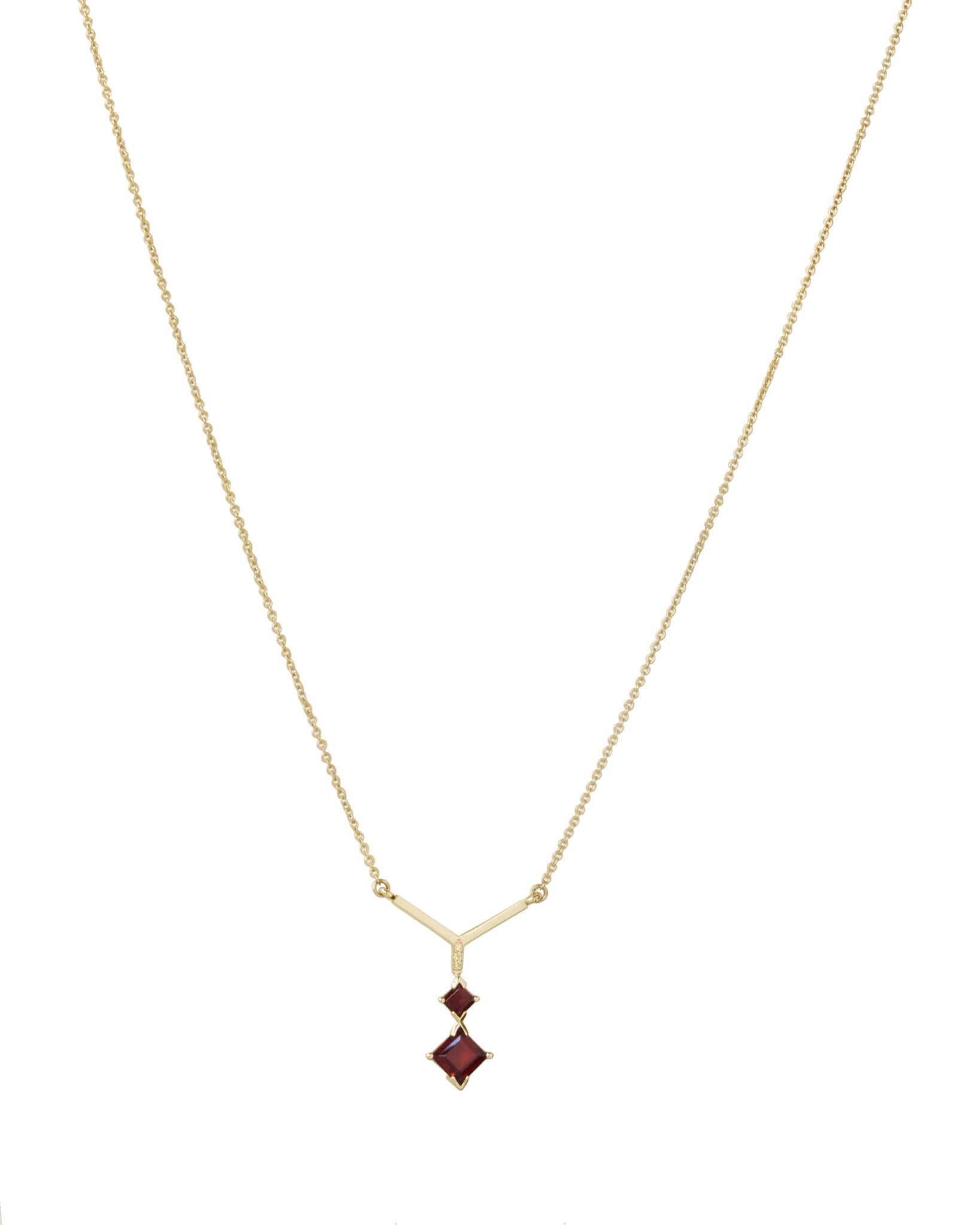 Square Cut ss Lau 14k Recycled Yellow Gold Garnet Double Rising Necklace For Sale