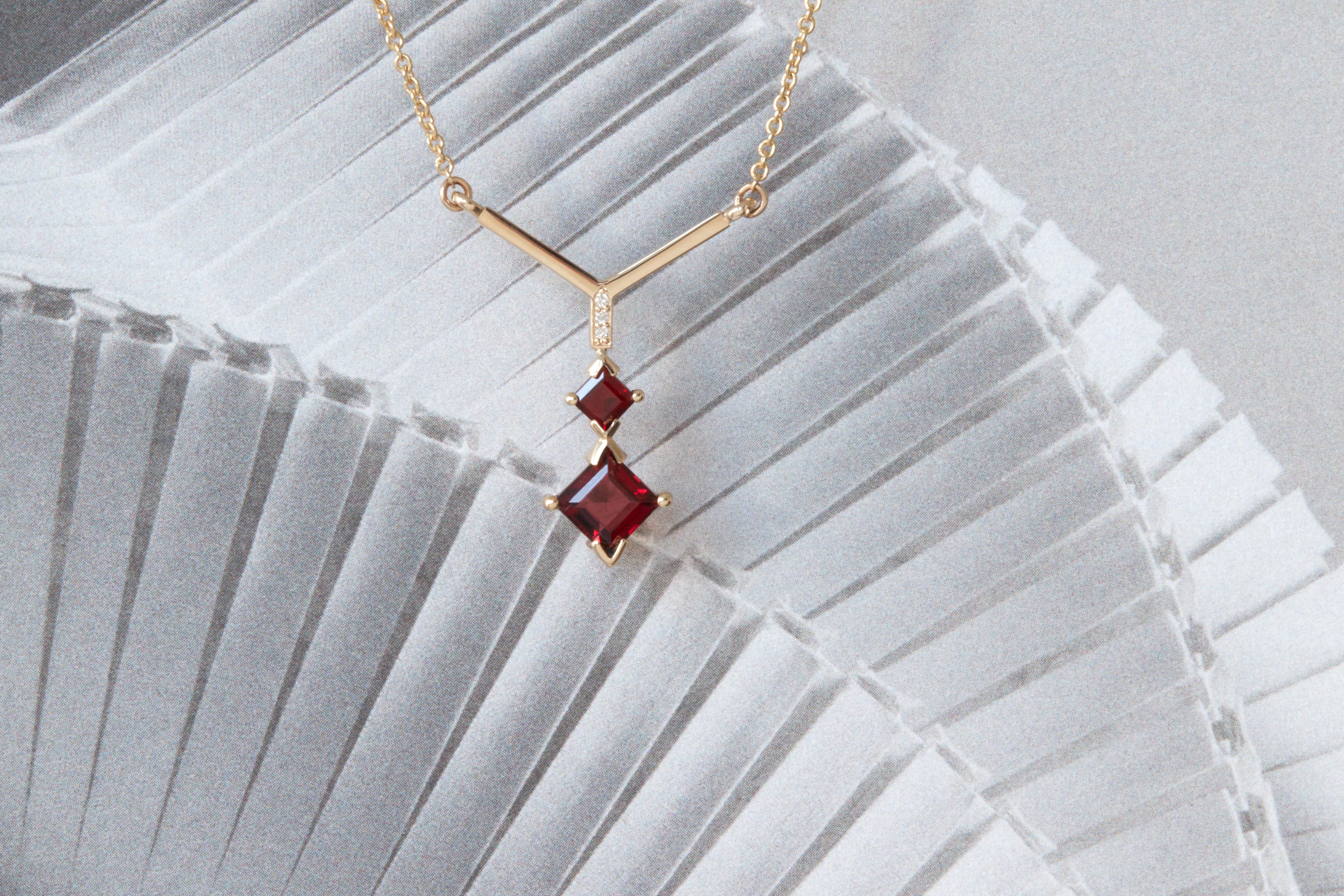 ss Lau 14k Recycled Yellow Gold Garnet Double Rising Necklace For Sale 1