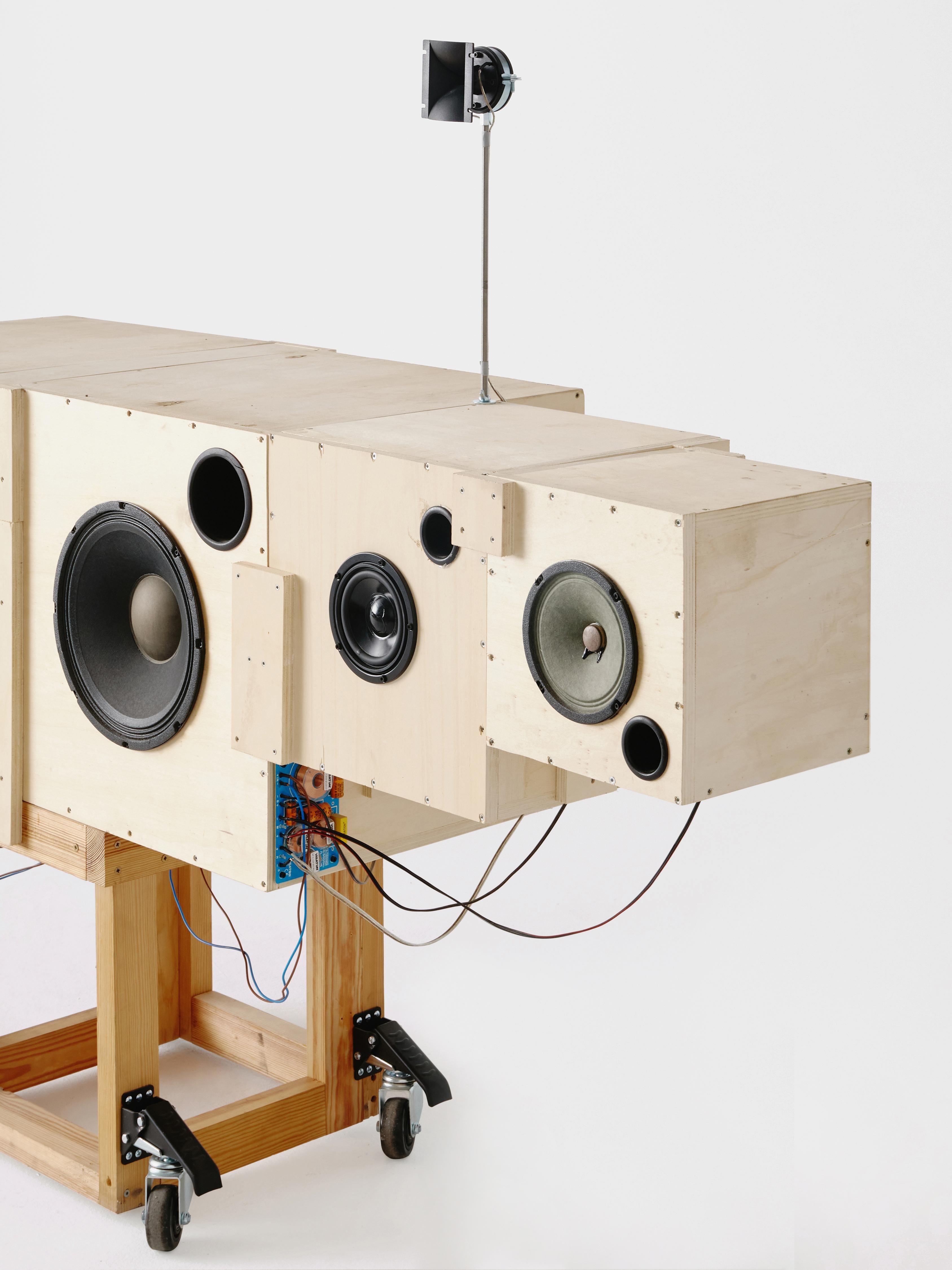 Sound System 1 is a piece that forms part of the collection SS. The reclaimed plywood originates from the 2018 Logroño Concéntrico Festival installation, Subterránea, which was a skate ramp that featured a sound system. After the festival period, it