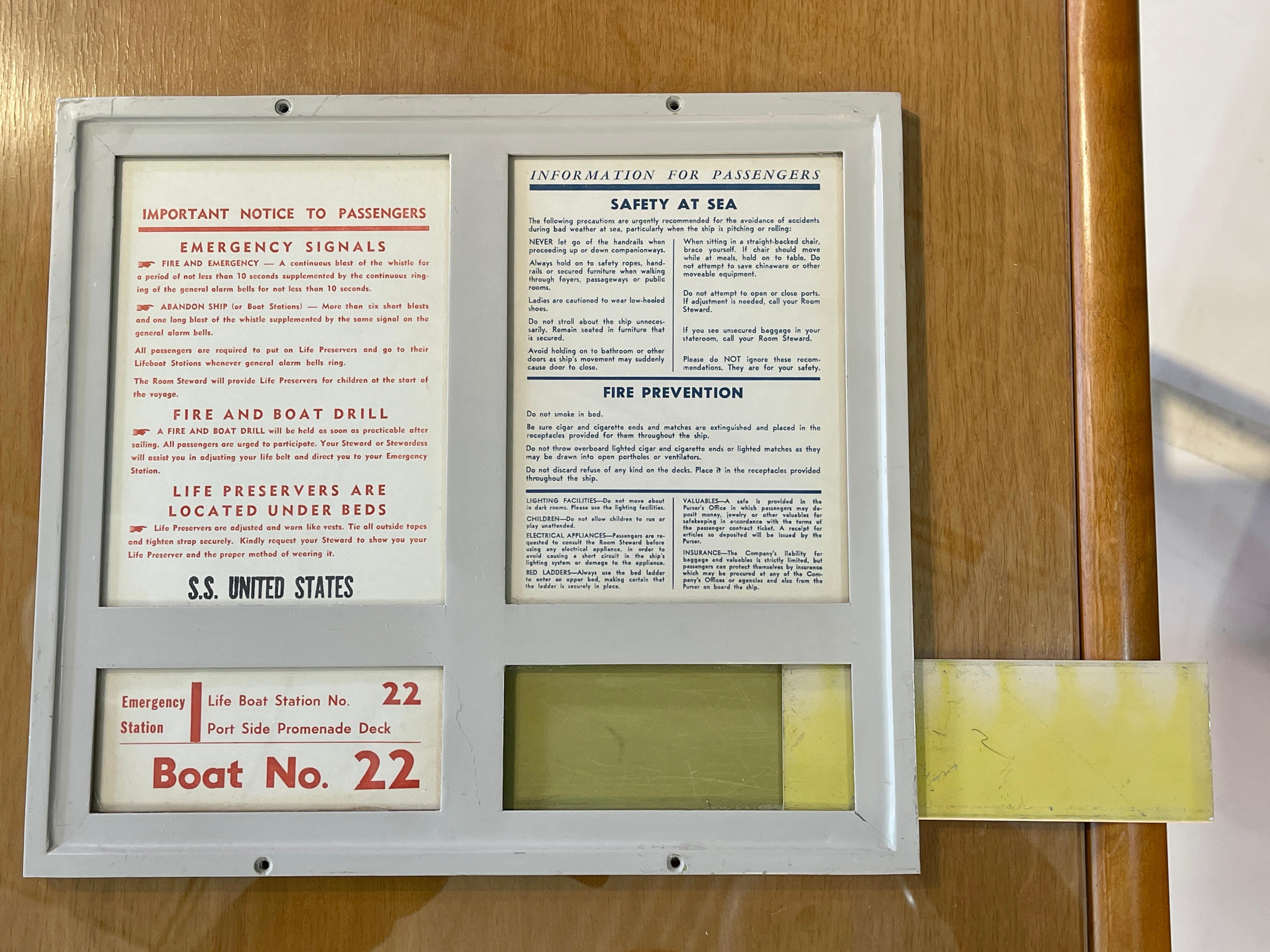 Mid-20th Century SS United States Sign Notice and Information for Passengers For Sale