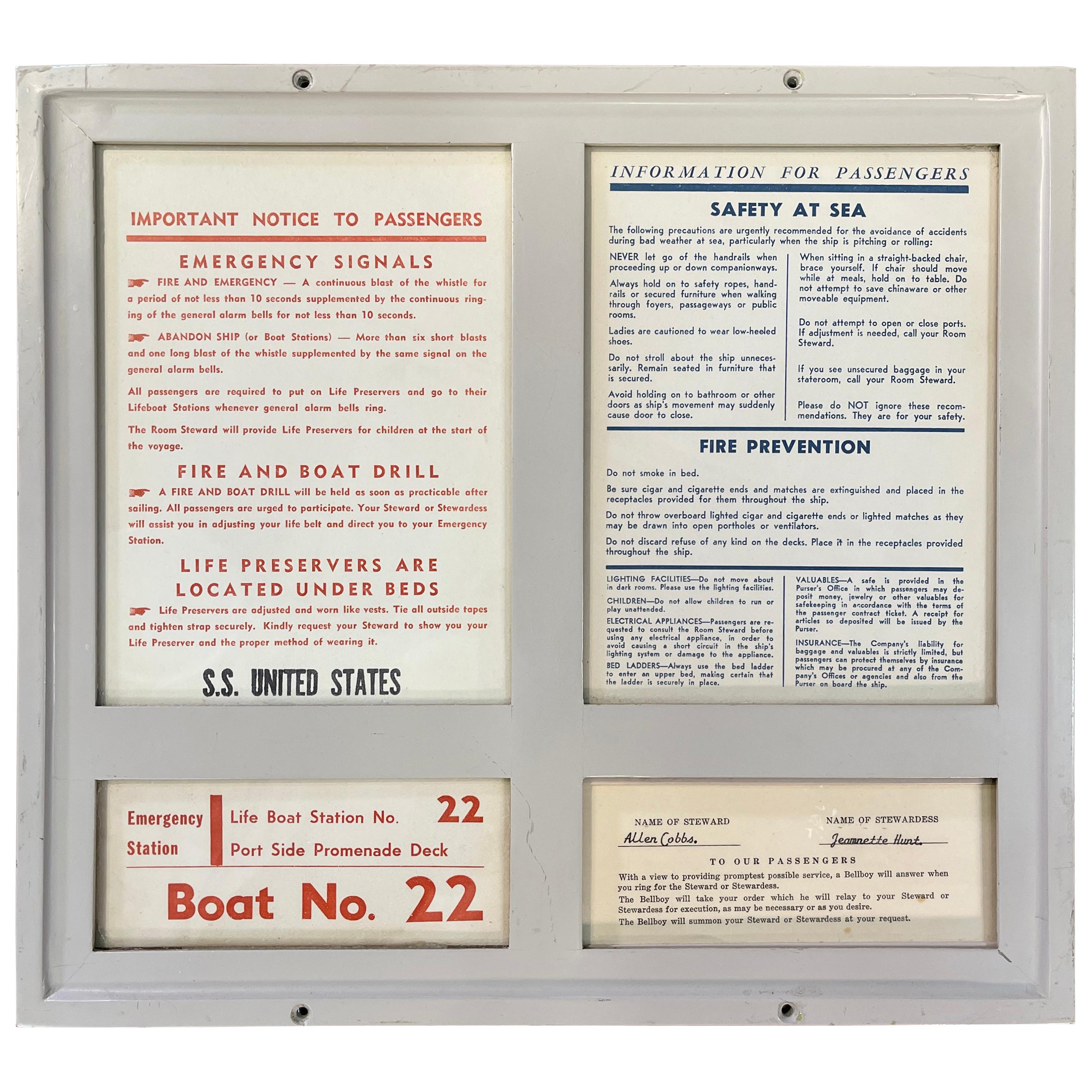 SS United States Sign Notice and Information for Passengers For Sale