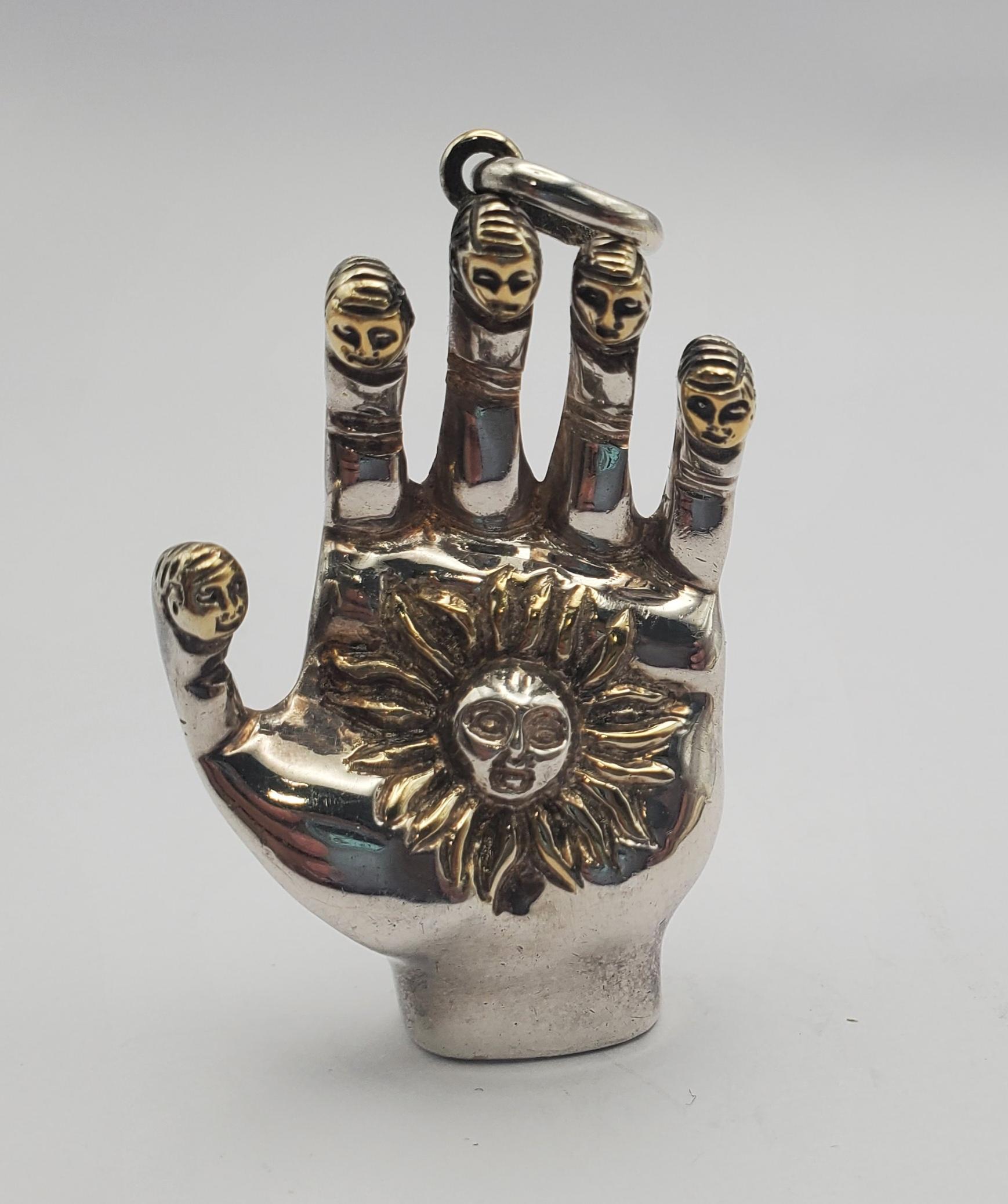 SS/YGP Unique Signed Sergio Bustamante Sculpted Hand Pendant For Sale 5
