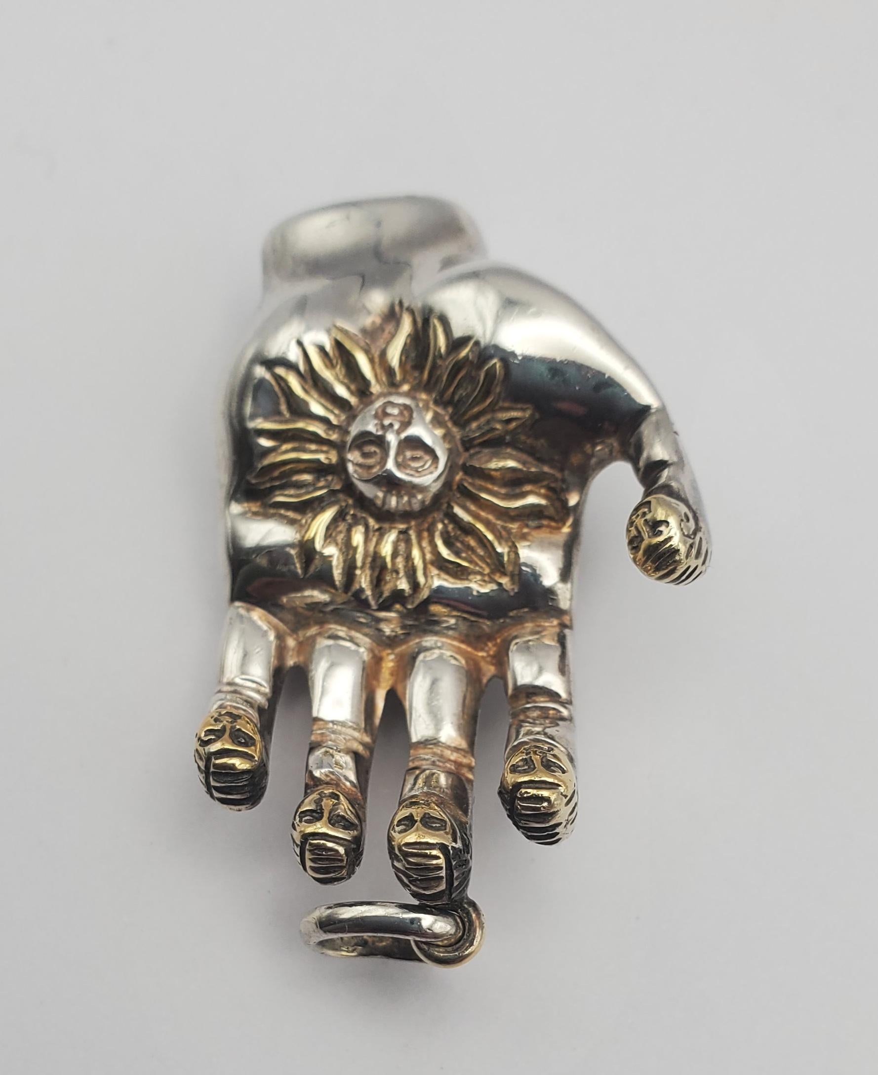Modern SS/YGP Unique Signed Sergio Bustamante Sculpted Hand Pendant For Sale
